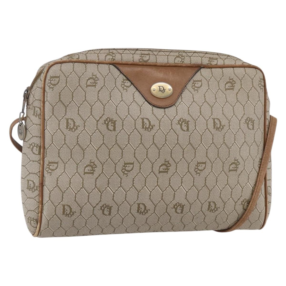 Christian Dior Honeycomb Canvas Shoulder Bag PVC Beige Gold Auth ki6153