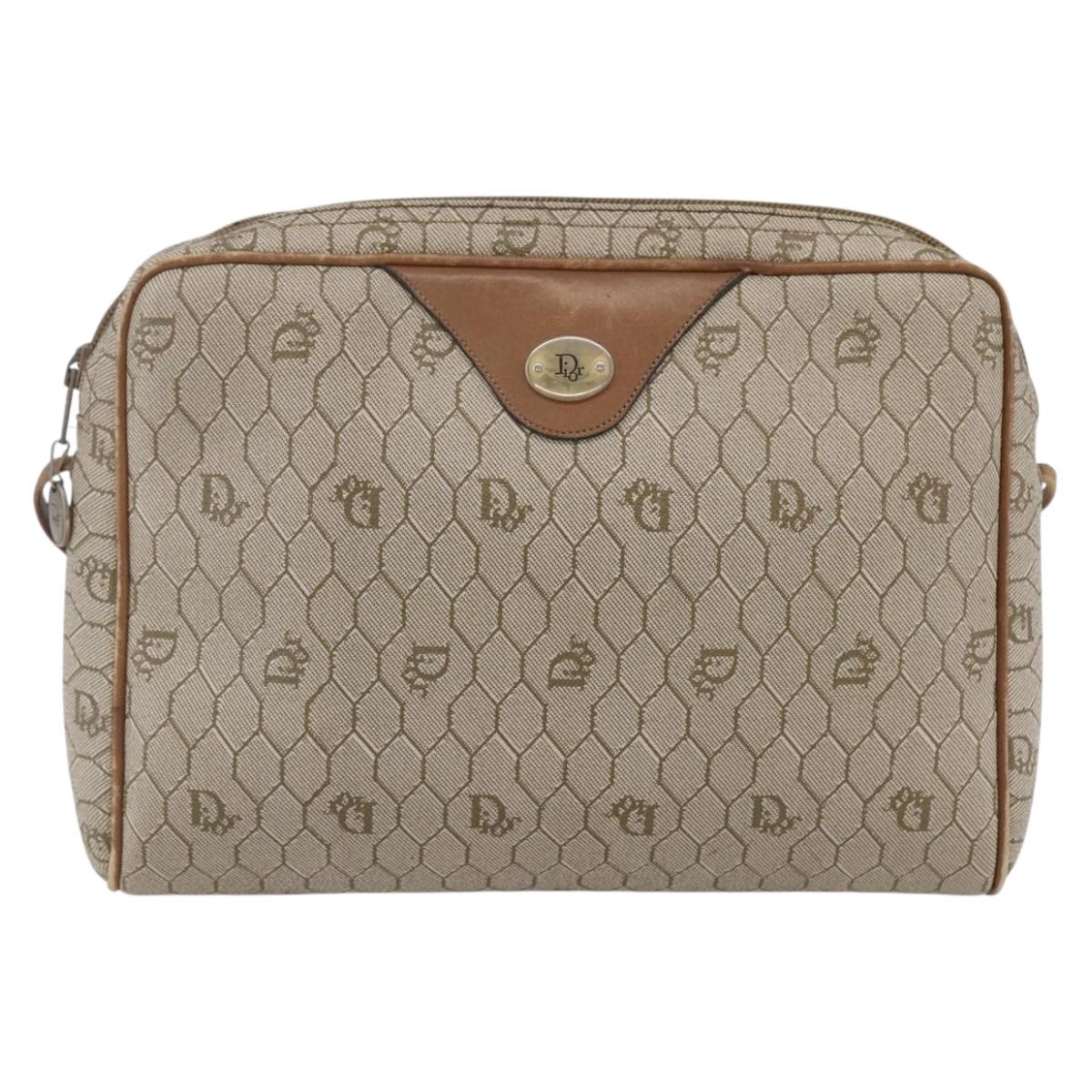 Christian Dior Honeycomb Canvas Shoulder Bag PVC Beige Gold Auth ki6153