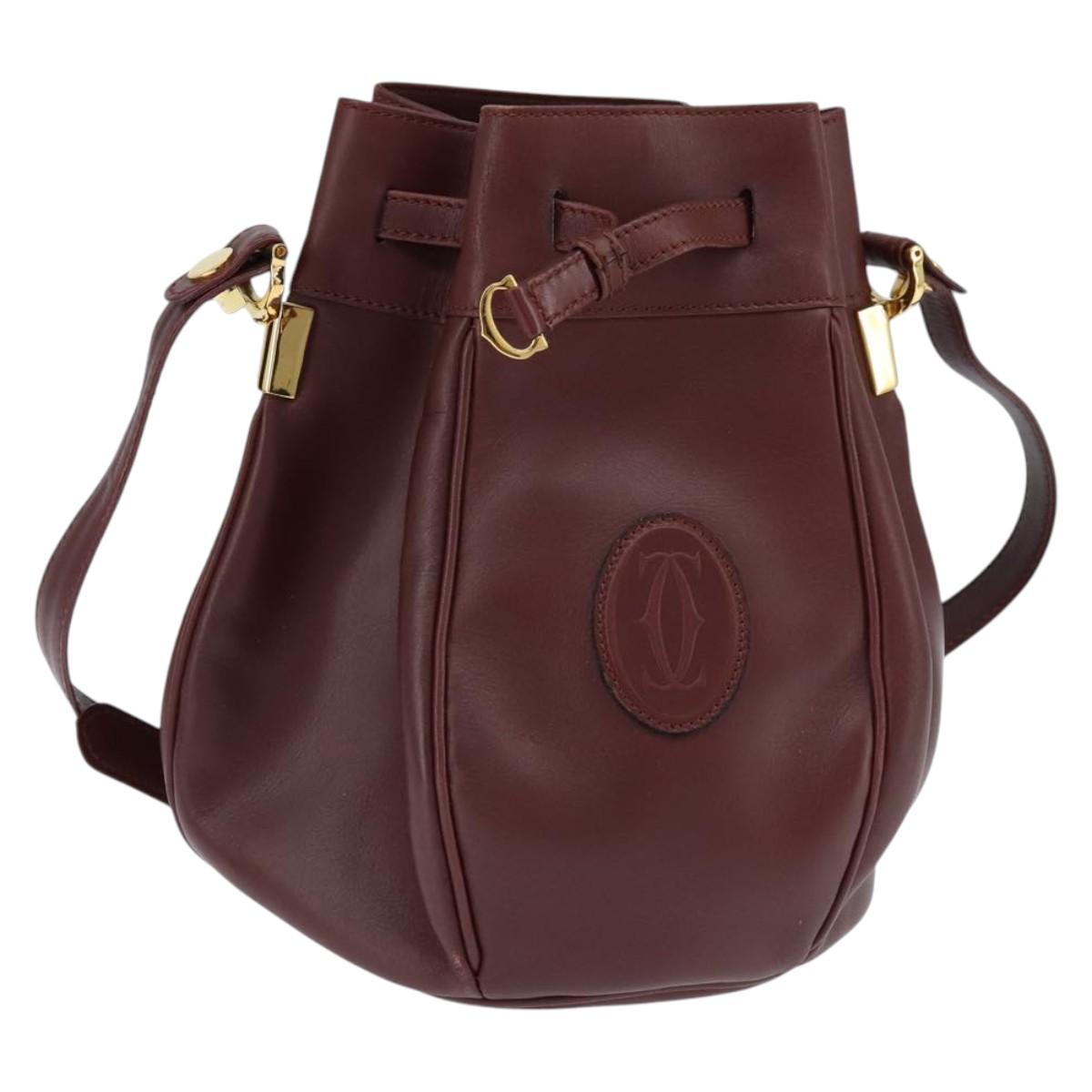 CARTIER Must Line Shoulder Bag Leather Bordeaux Gold Auth ki6154