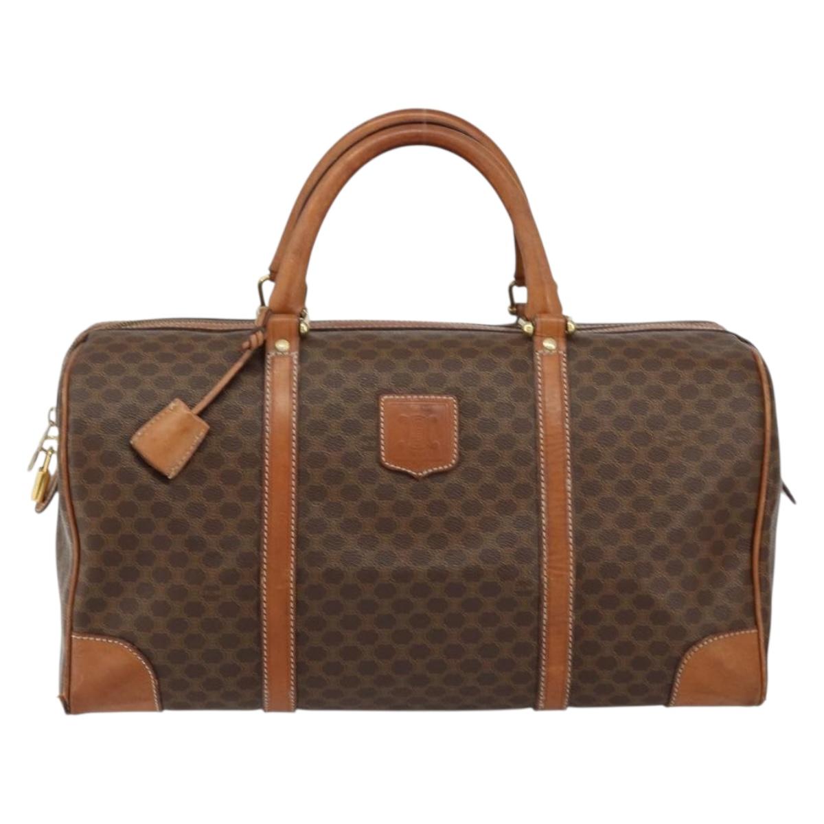 CELINE Macadam Canvas Boston Bag PVC Brown Gold Auth ki6169