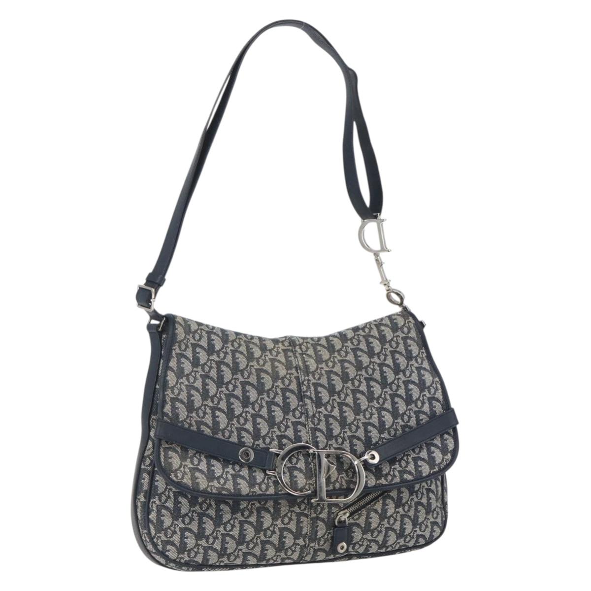 Christian Dior Trotter Canvas Shoulder Bag Navy Silver Auth ki6178
