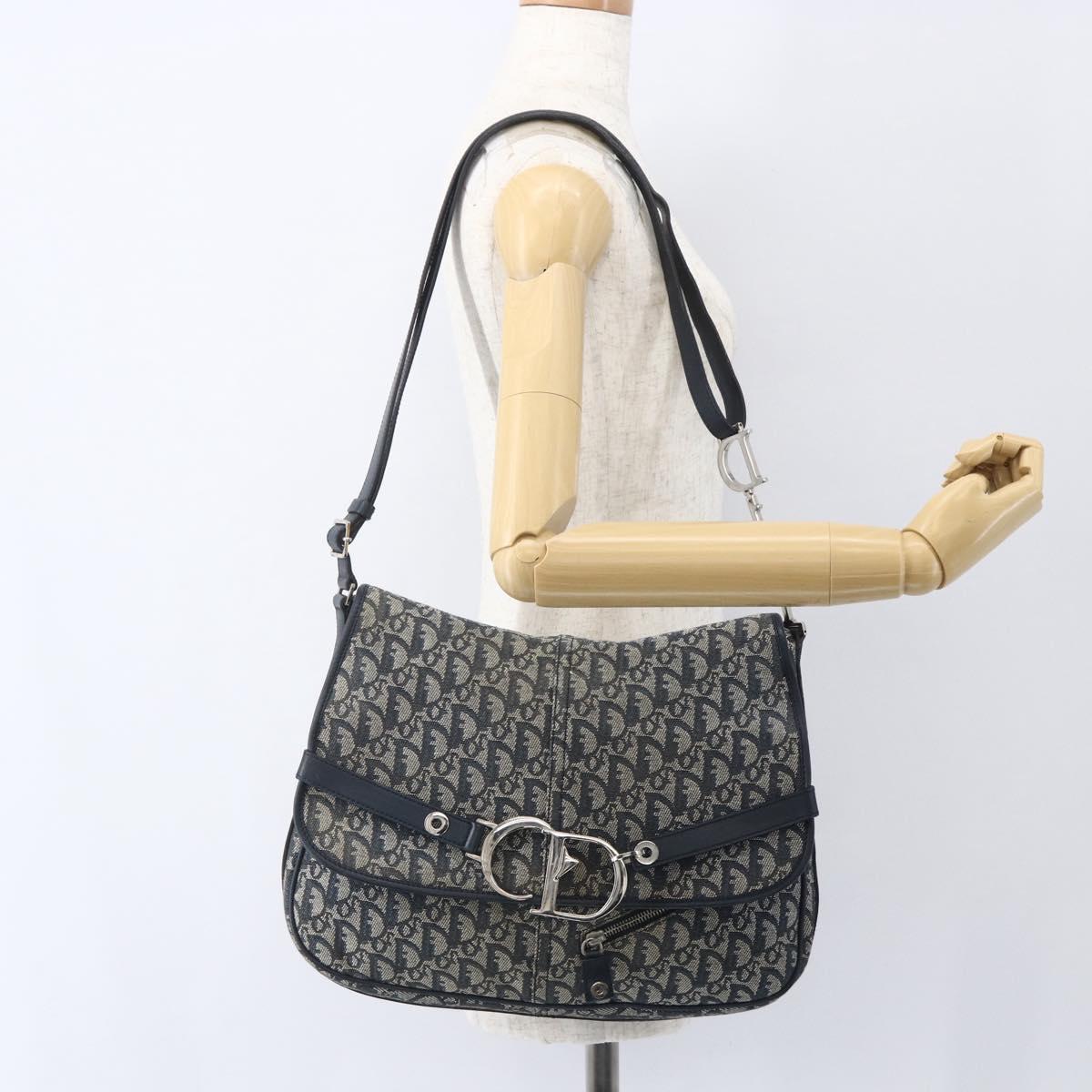 Christian Dior Trotter Canvas Shoulder Bag Navy Silver Auth ki6178