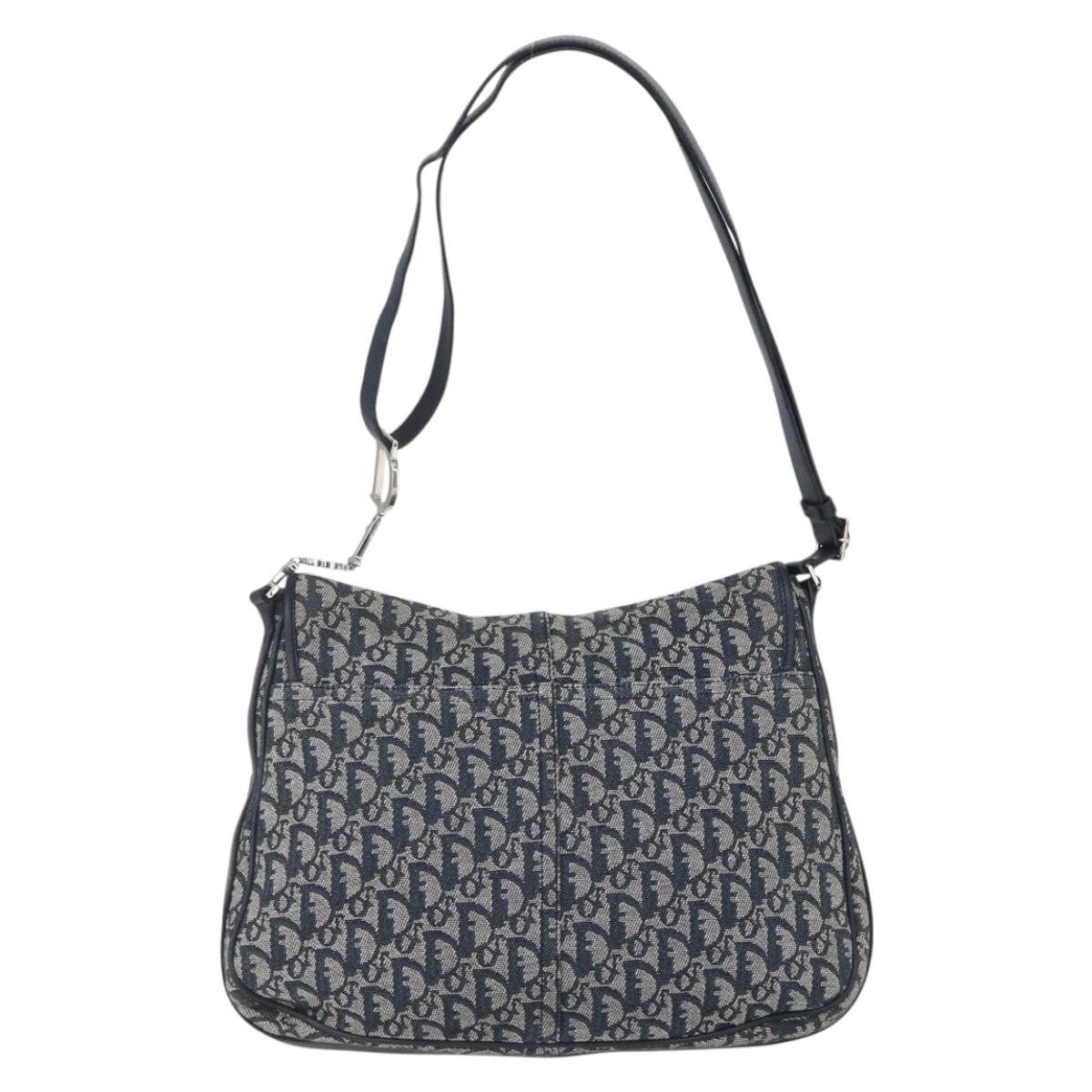 Christian Dior Trotter Canvas Shoulder Bag Navy Silver Auth ki6178
