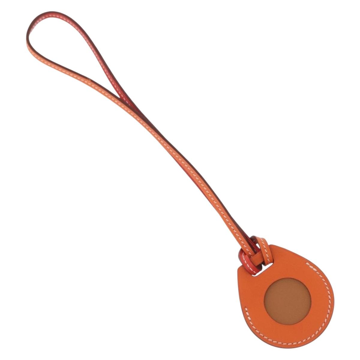 HERMES Airtag Bag Charm Leather Orange Auth ki6180