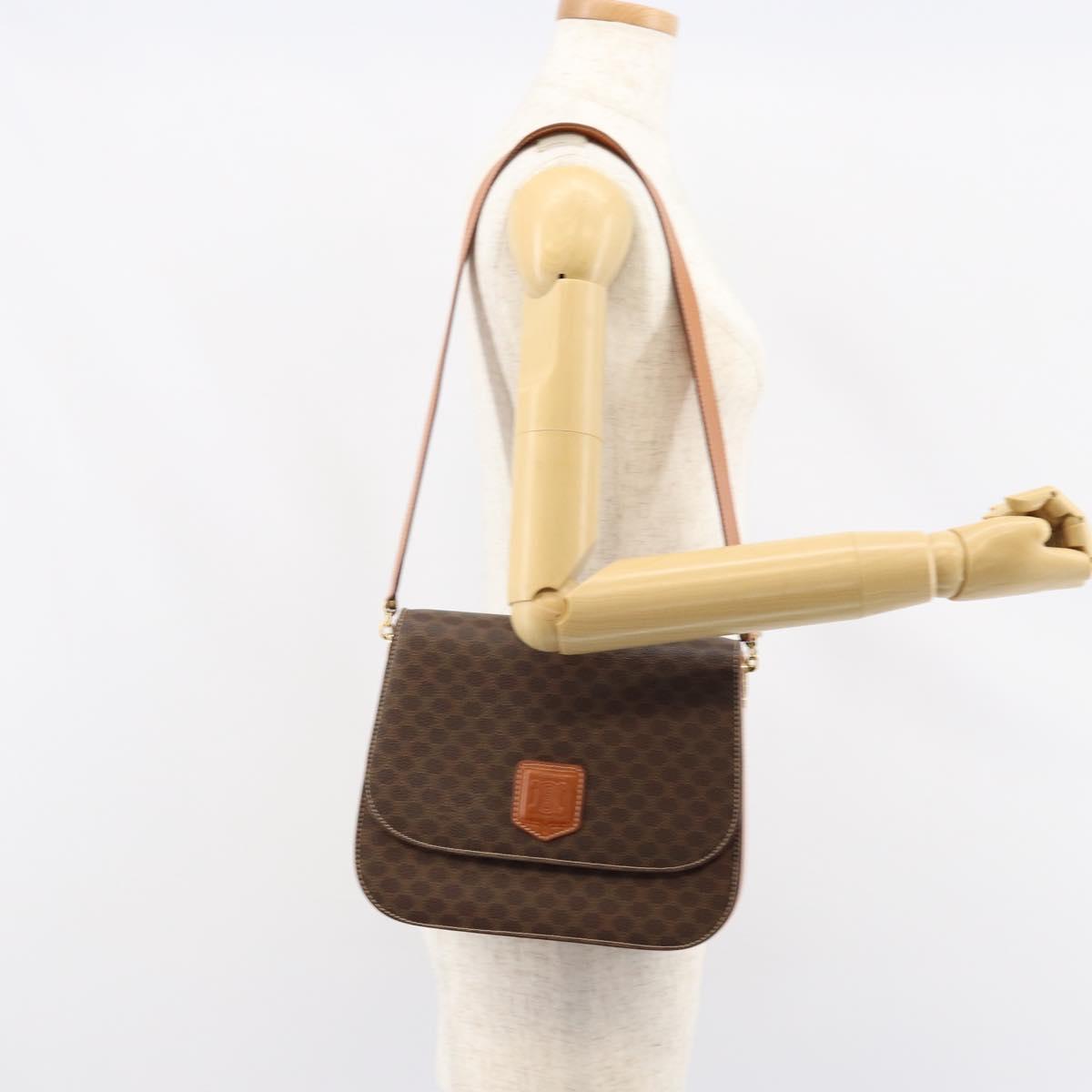 CELINE Macadam Canvas Shoulder Bag PVC Leather Brown Gold Auth ki6185