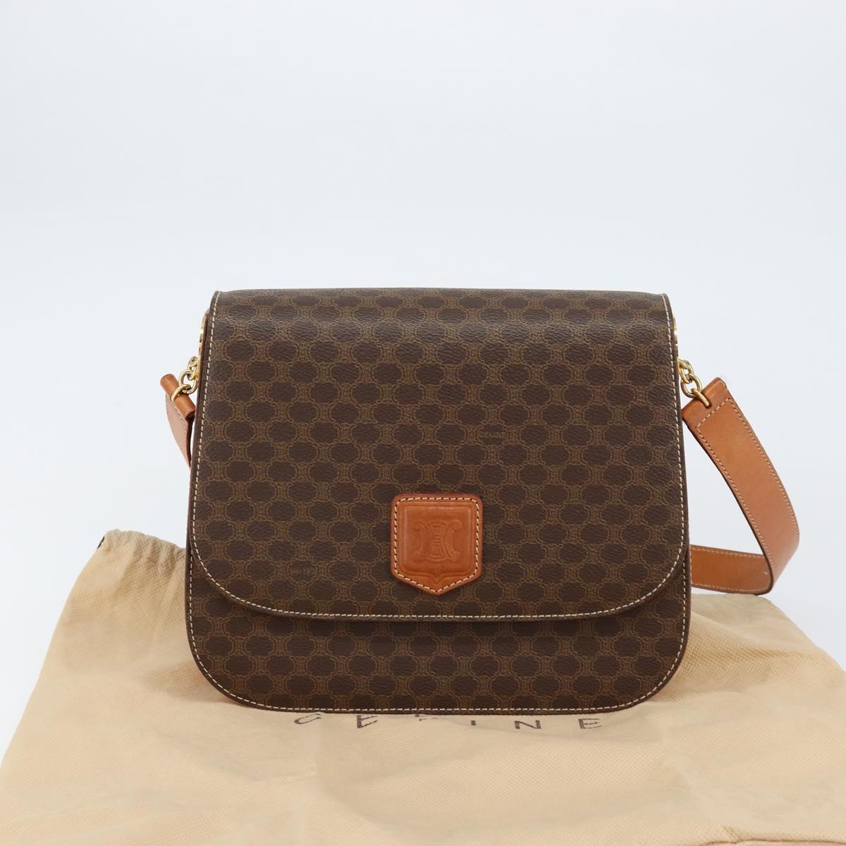 CELINE Macadam Canvas Shoulder Bag PVC Leather Brown Gold Auth ki6185