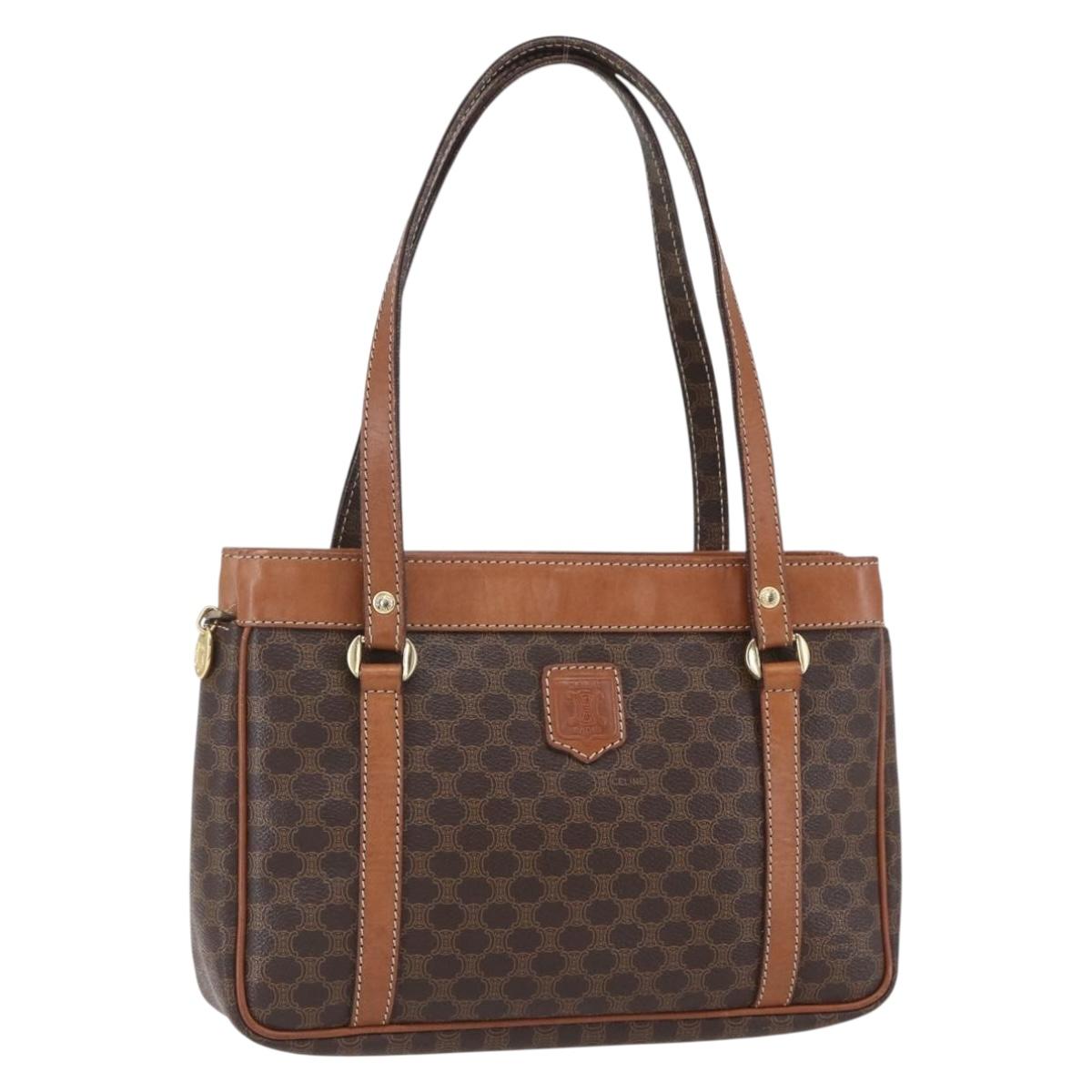 CELINE Macadam Canvas Hand Bag PVC Leather Brown Gold Auth ki6186