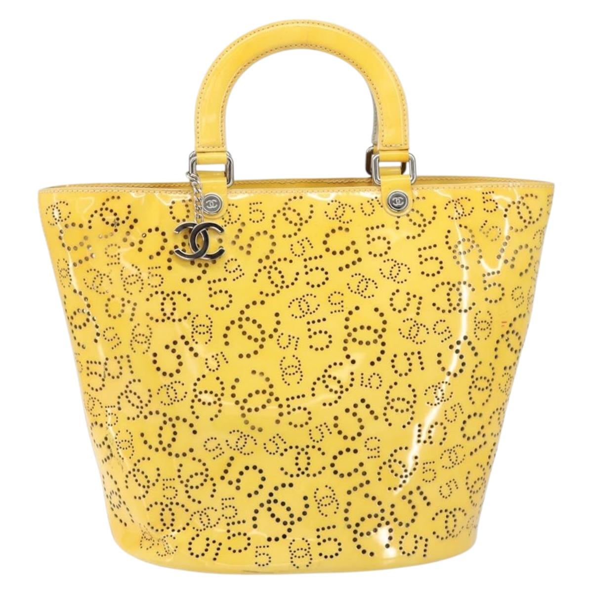 CHANEL No.5 Punching Hand Bag Patent leather Yellow Silver CC Auth ki6193