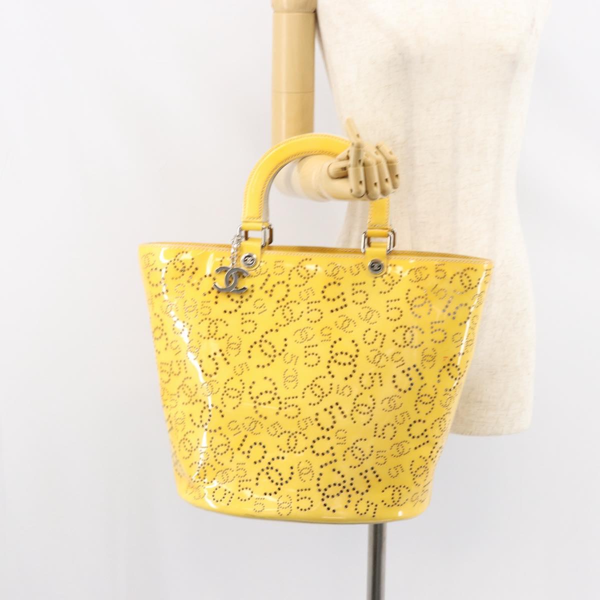 CHANEL No.5 Punching Hand Bag Patent leather Yellow Silver CC Auth ki6193