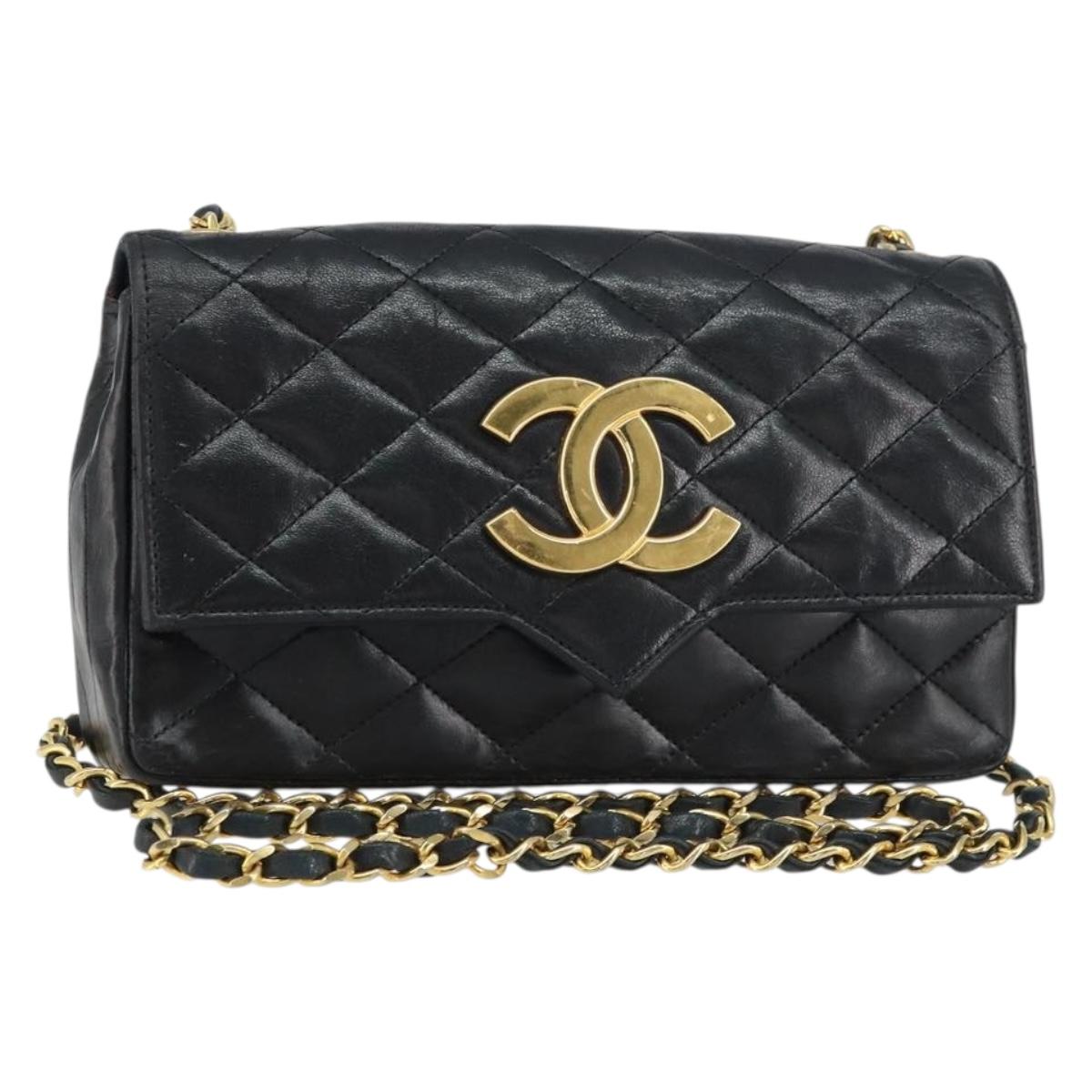 CHANEL Chain Shoulder Matelasse Bag Lamb Skin Black Gold CC Auth ki6227