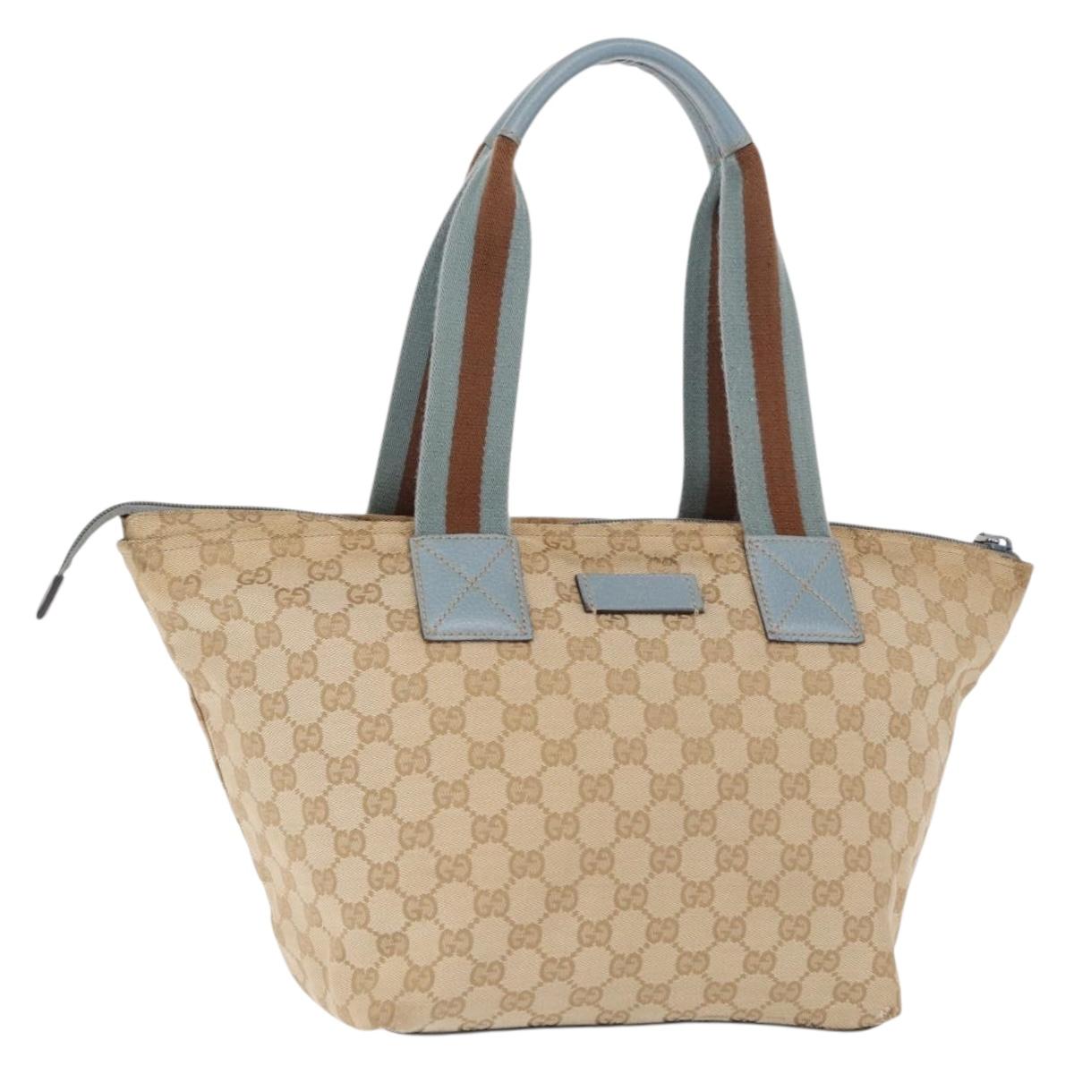 GUCCI GG Canvas Tote Bag Beige Light Blue Silver 131230 Auth ki6264