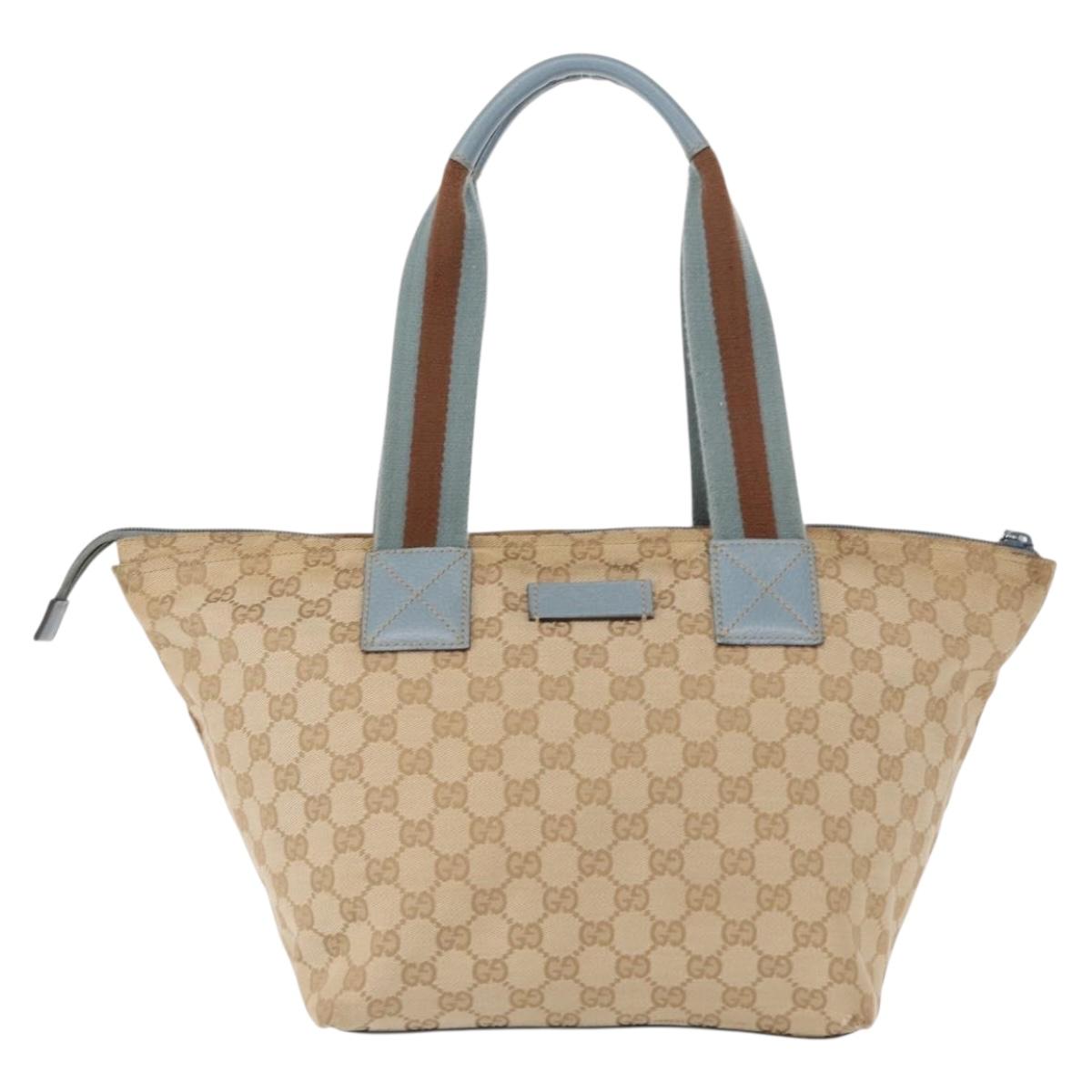 GUCCI GG Canvas Tote Bag Beige Light Blue Silver 131230 Auth ki6264