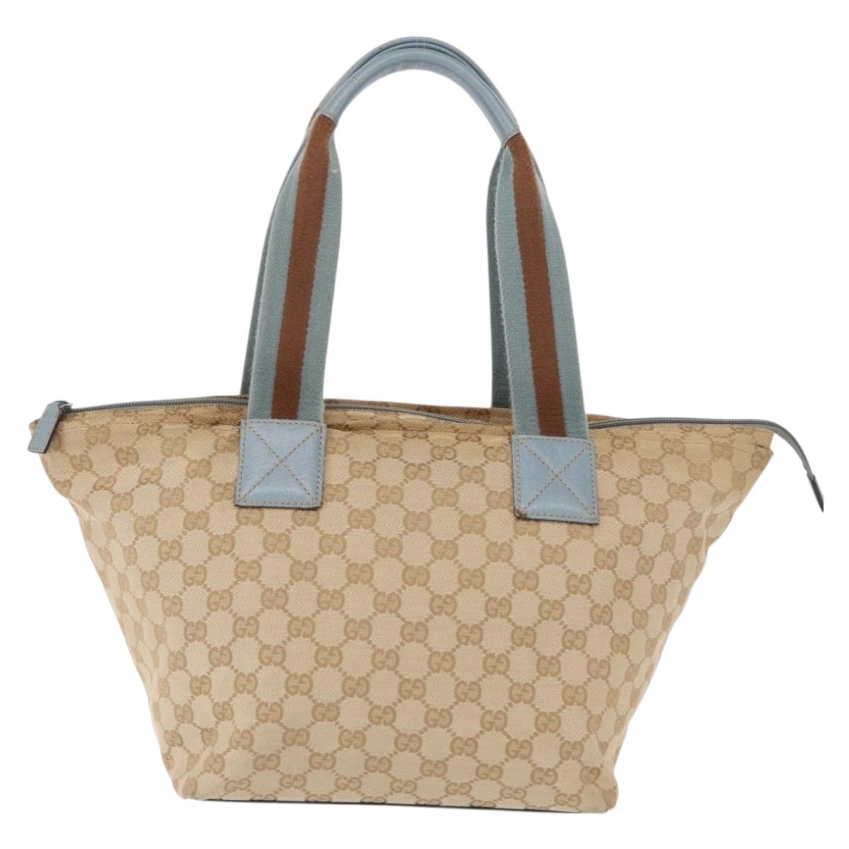 GUCCI GG Canvas Tote Bag Beige Light Blue Silver 131230 Auth ki6264