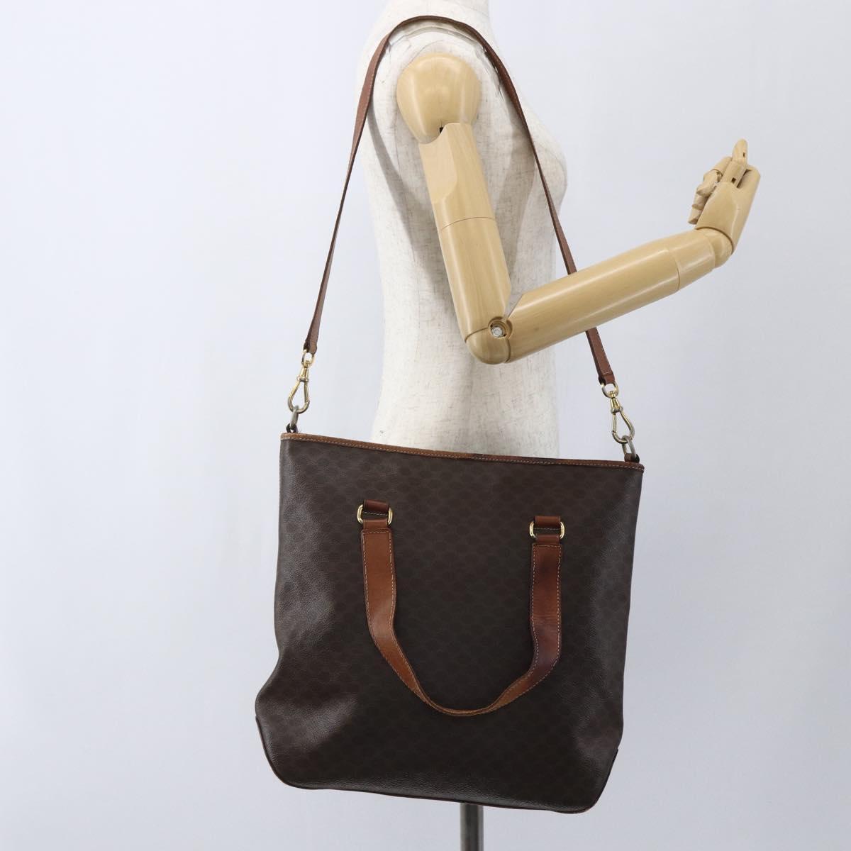 CELINE Macadam Canvas Tote Bag PVC Leather 2way Brown Gold Auth ki6278