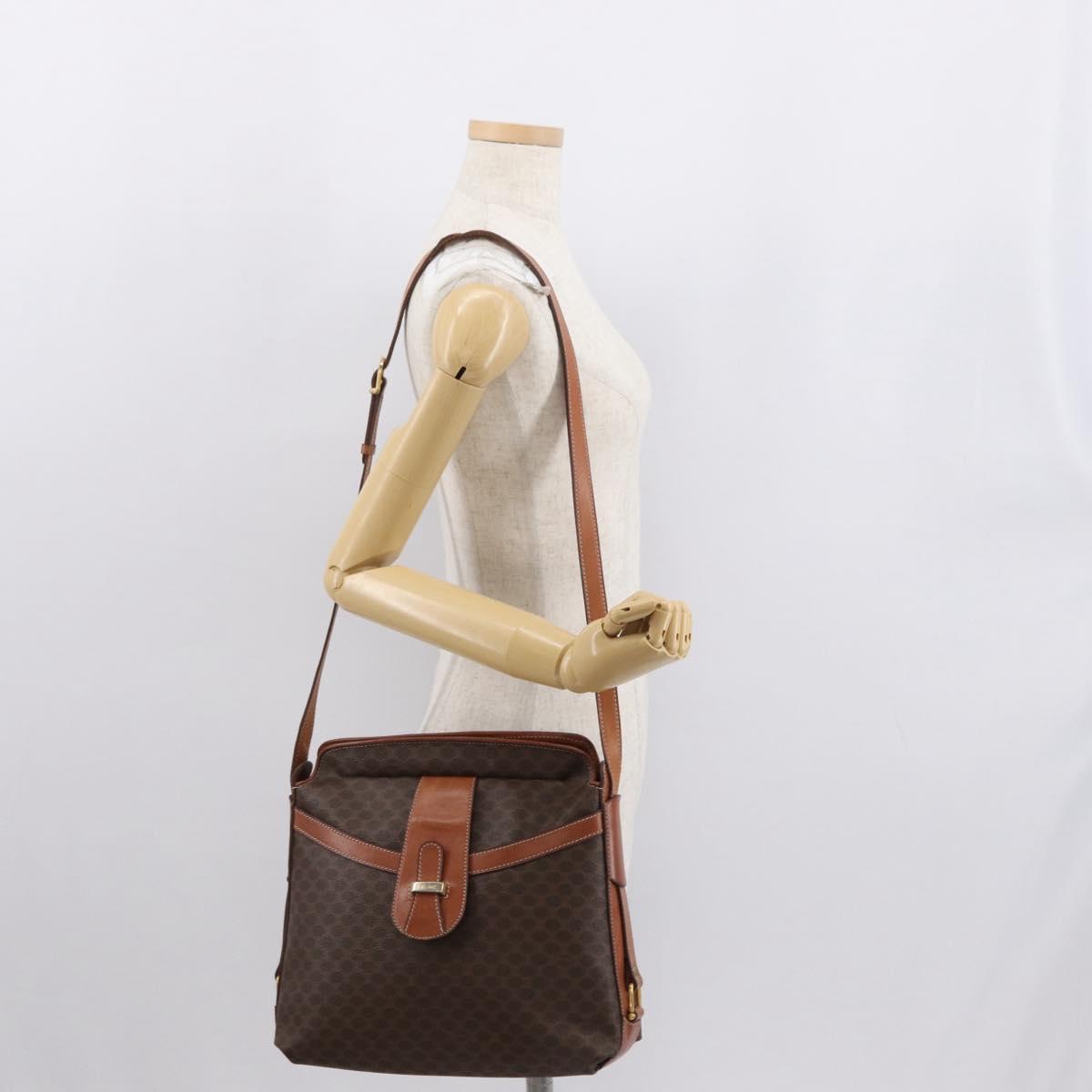 CELINE Macadam Canvas Shoulder Bag PVC Leather Brown Gold Auth ki6284