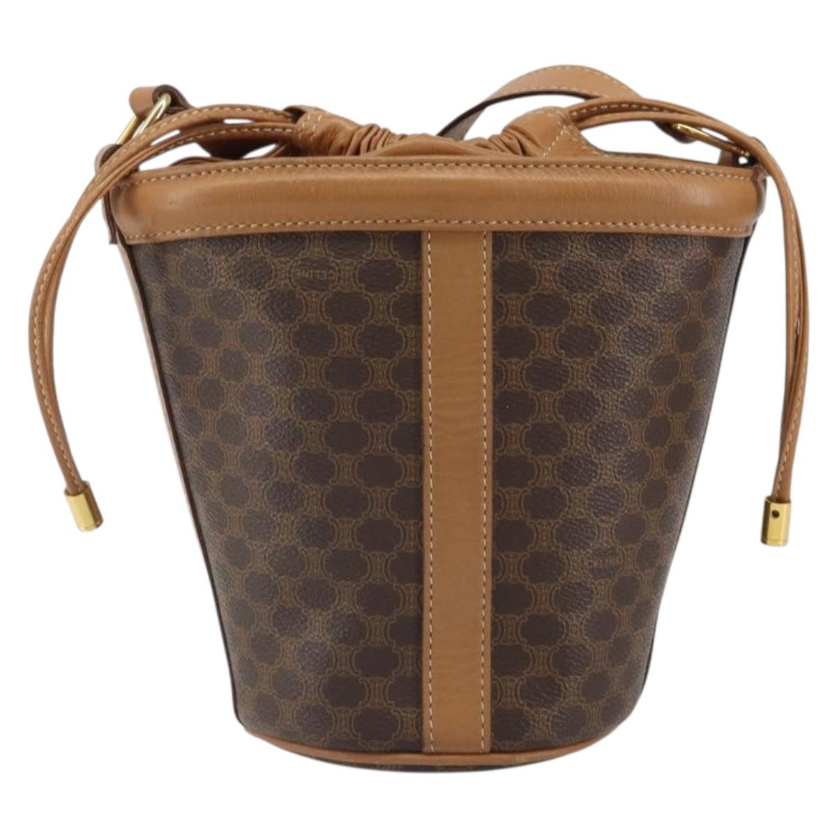 CELINE Macadam Canvas Shoulder Bag PVC Leather Brown Gold Auth ki6299
