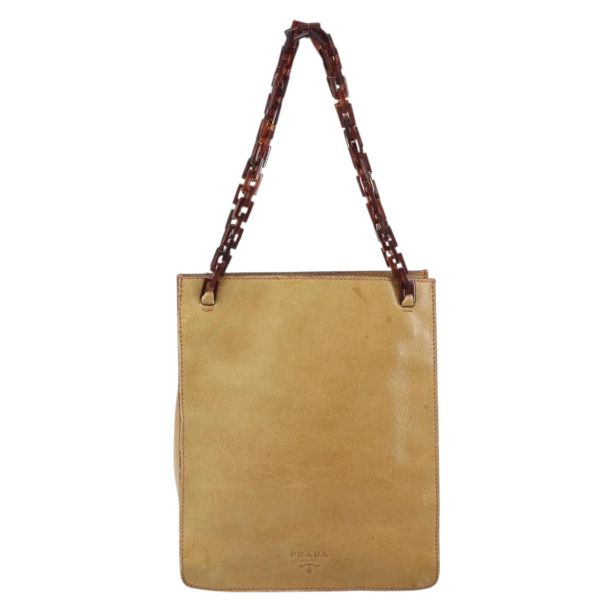 PRADA Chain Hand Bag Leather plastic Beige Auth ki6308