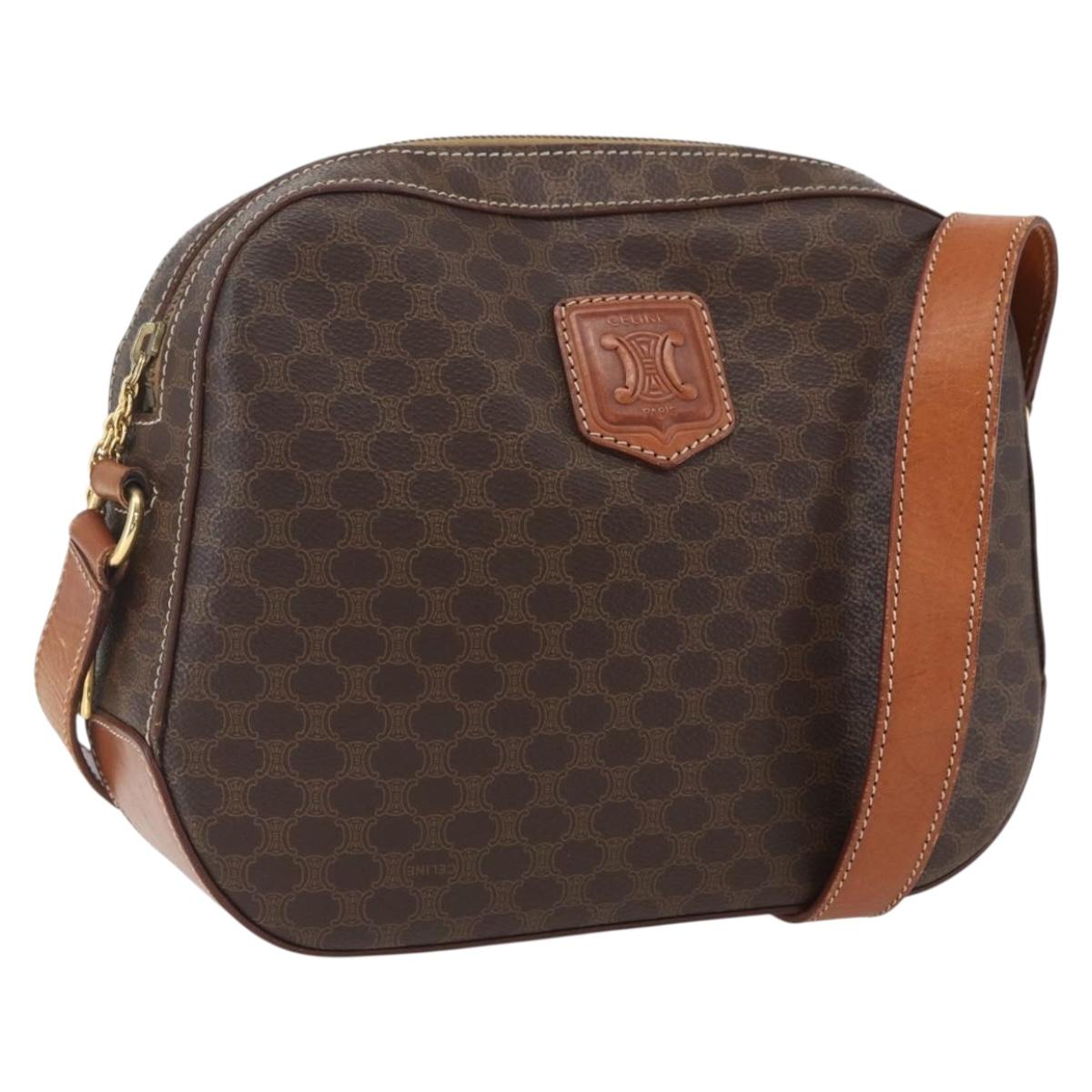 CELINE Macadam Canvas Shoulder Bag PVC Leather Brown Gold Auth ki6312