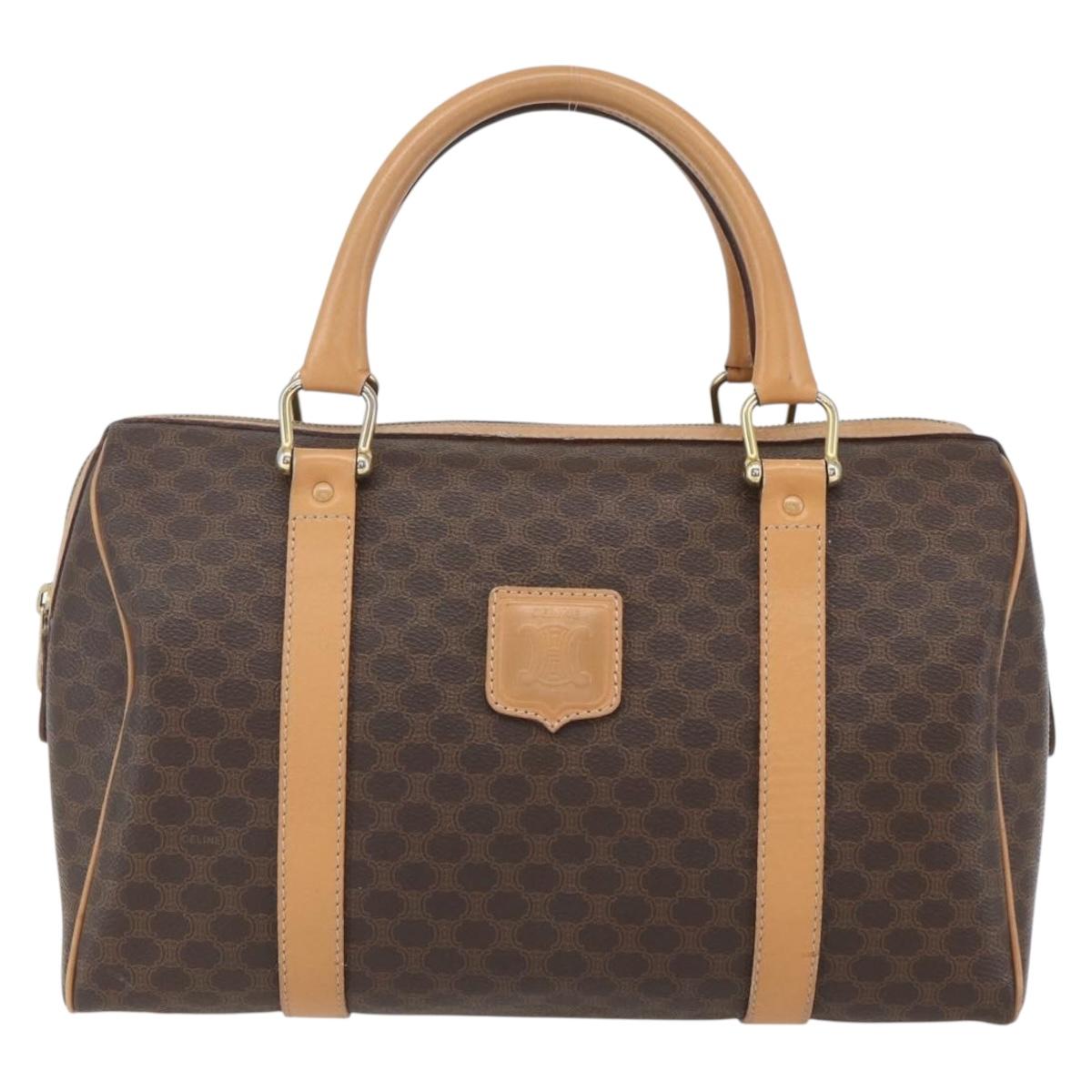CELINE Macadam Canvas Boston Bag PVC Leather Brown Gold Auth ki6313