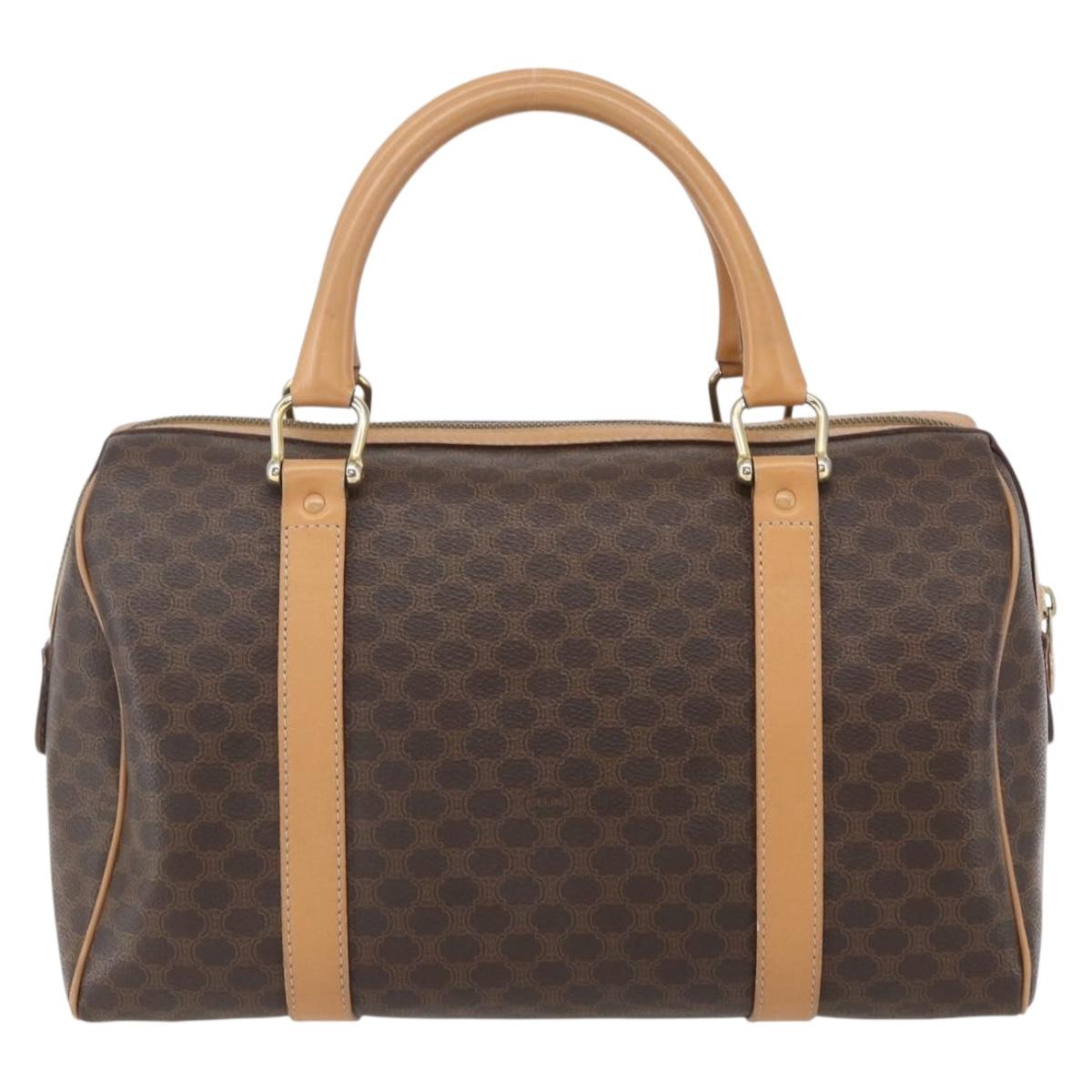 CELINE Macadam Canvas Boston Bag PVC Leather Brown Gold Auth ki6313