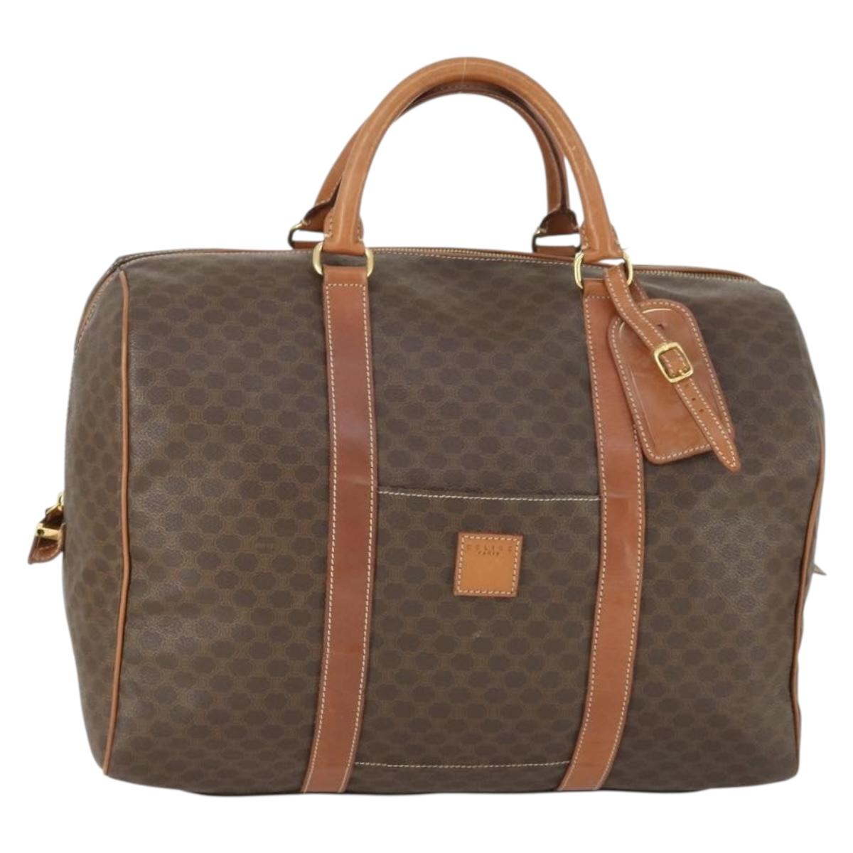CELINE Macadam Canvas Boston Bag PVC Leather Brown Gold Auth ki6323
