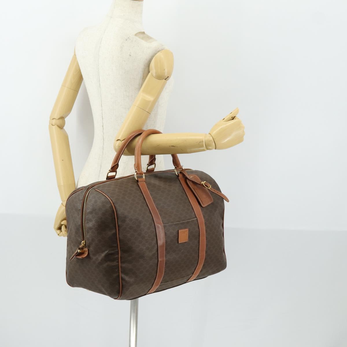 CELINE Macadam Canvas Boston Bag PVC Leather Brown Gold Auth ki6323