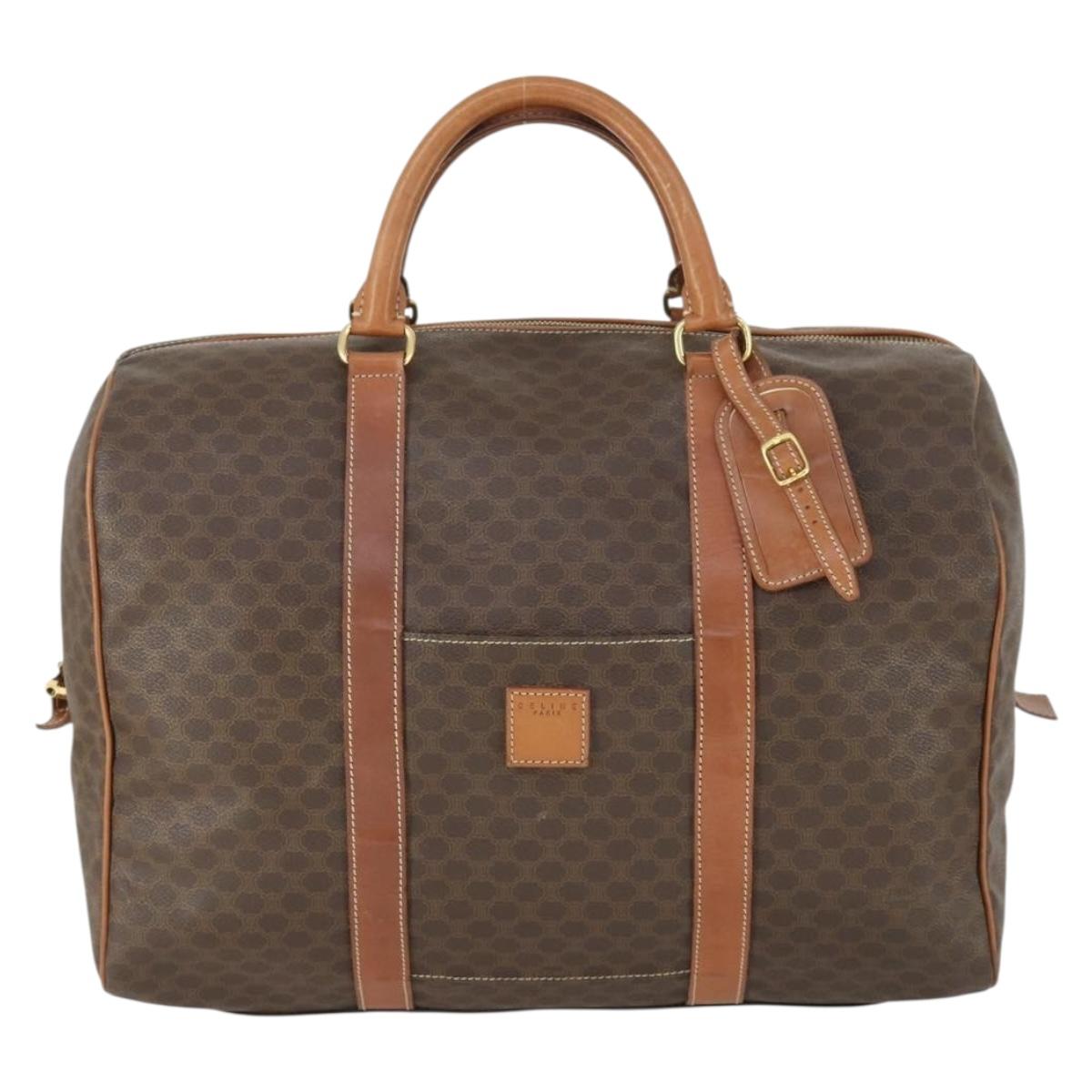 CELINE Macadam Canvas Boston Bag PVC Leather Brown Gold Auth ki6323