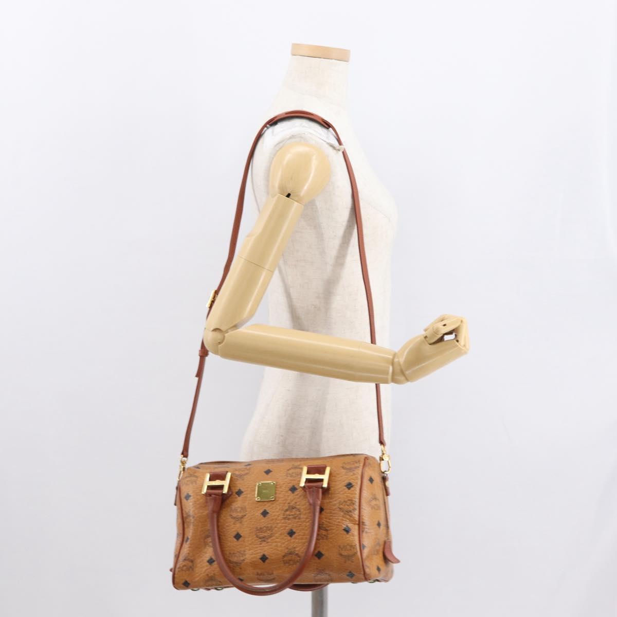 MCM Logogram Vicetos Boston Bag PVC 2way Brown Gold Auth ki6324