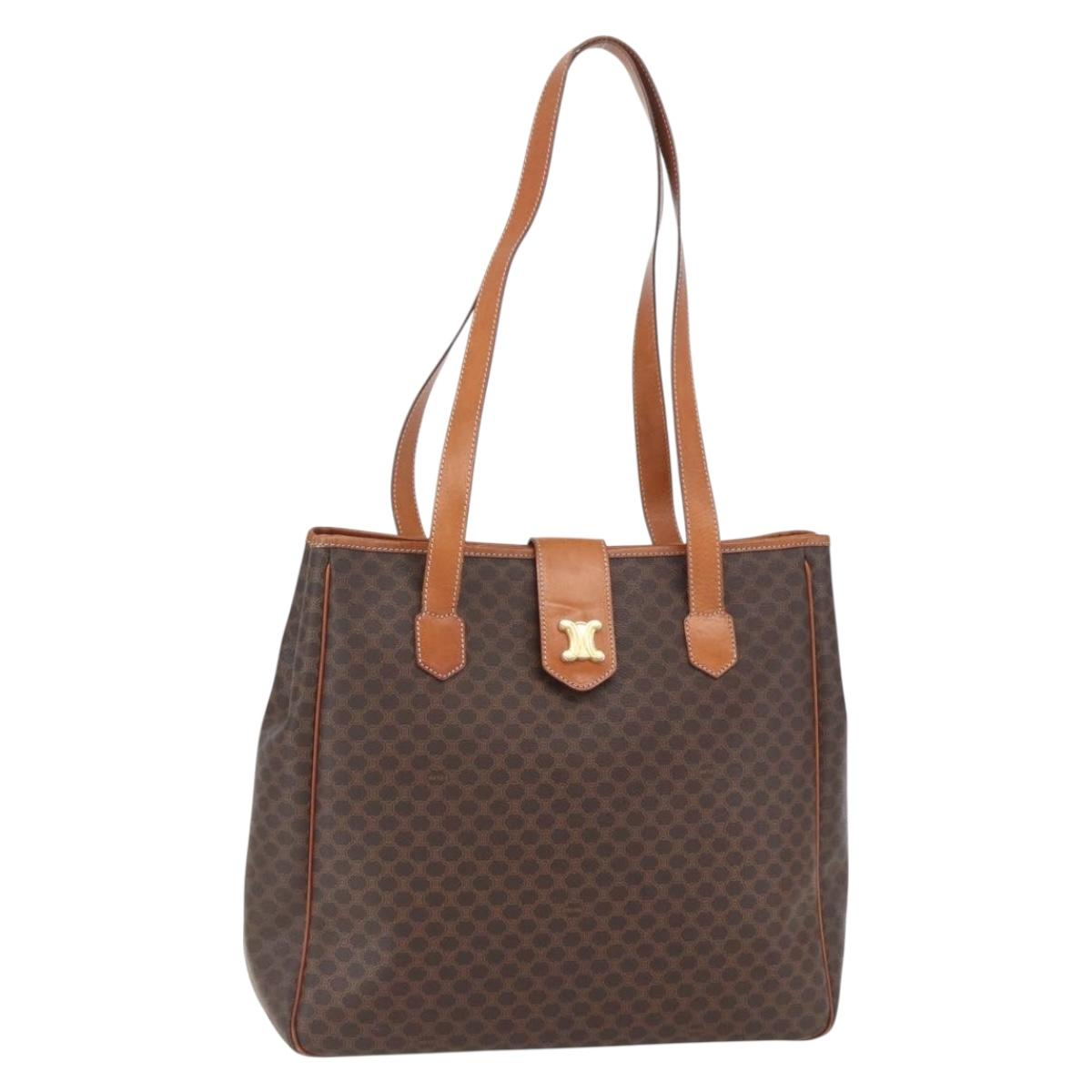 CELINE Macadam Canvas Triomphe Tote Bag PVC Leather Brown Gold Auth ki6337