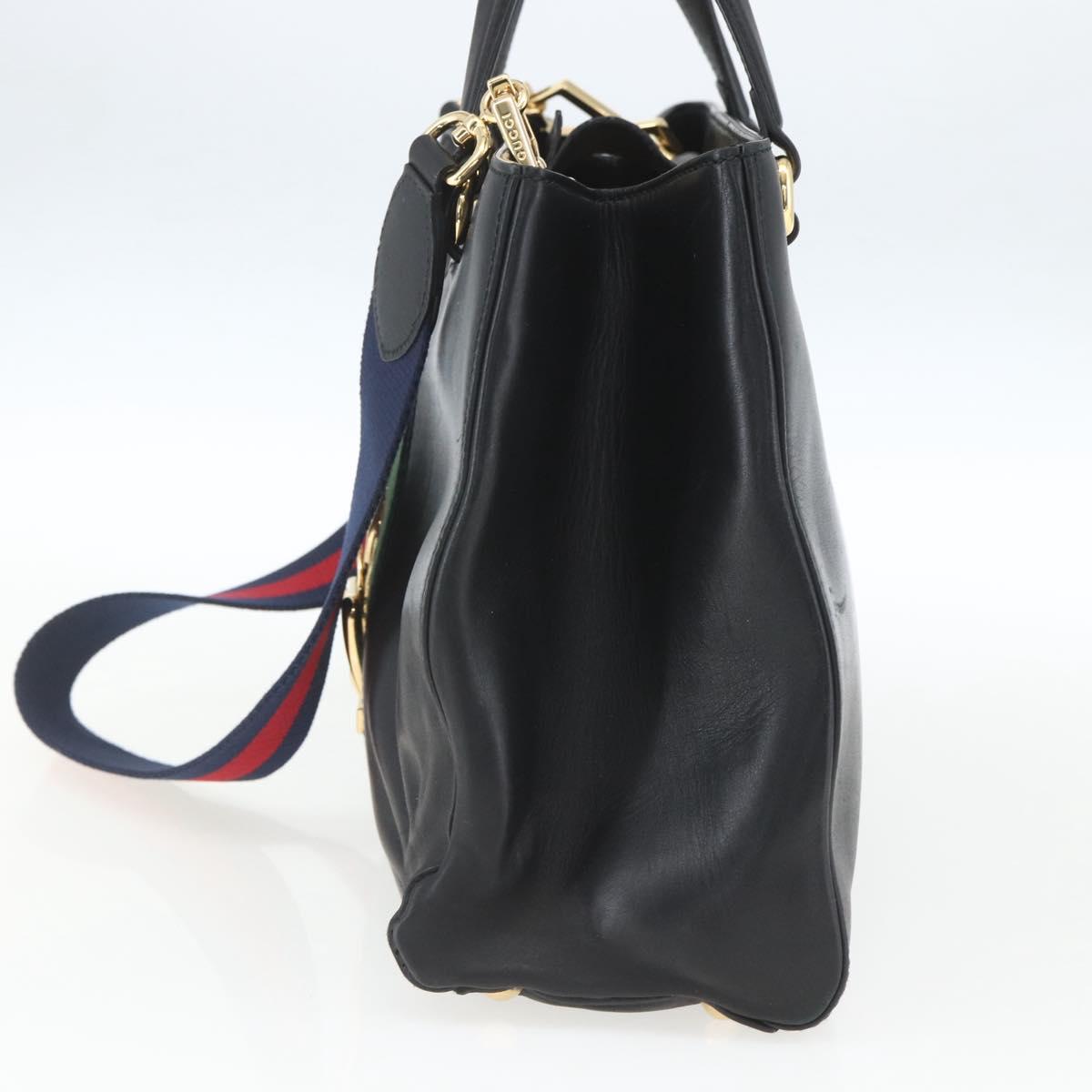 GUCCI Web Sherry Line Silvi Tote Bag Leather 2way Black Gold 453790 Auth ki6344