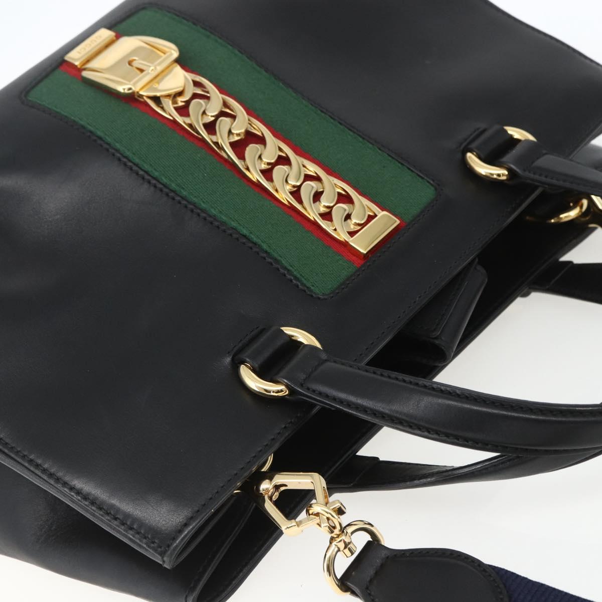GUCCI Web Sherry Line Silvi Tote Bag Leather 2way Black Gold 453790 Auth ki6344
