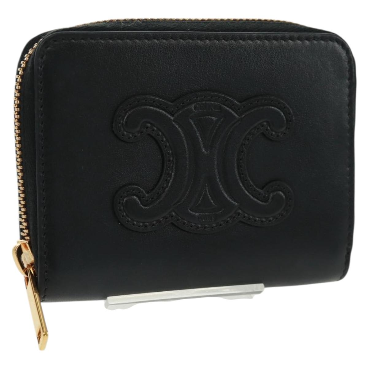 CELINE Triomphe Wallet Leather Black Auth ki6366M