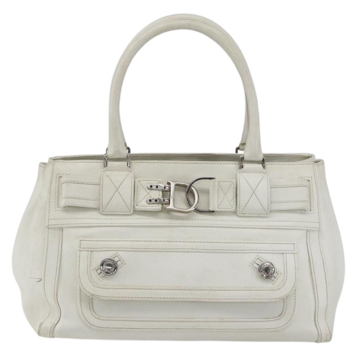 Christian Dior Hand Bag Leather White Silver Auth ki6385