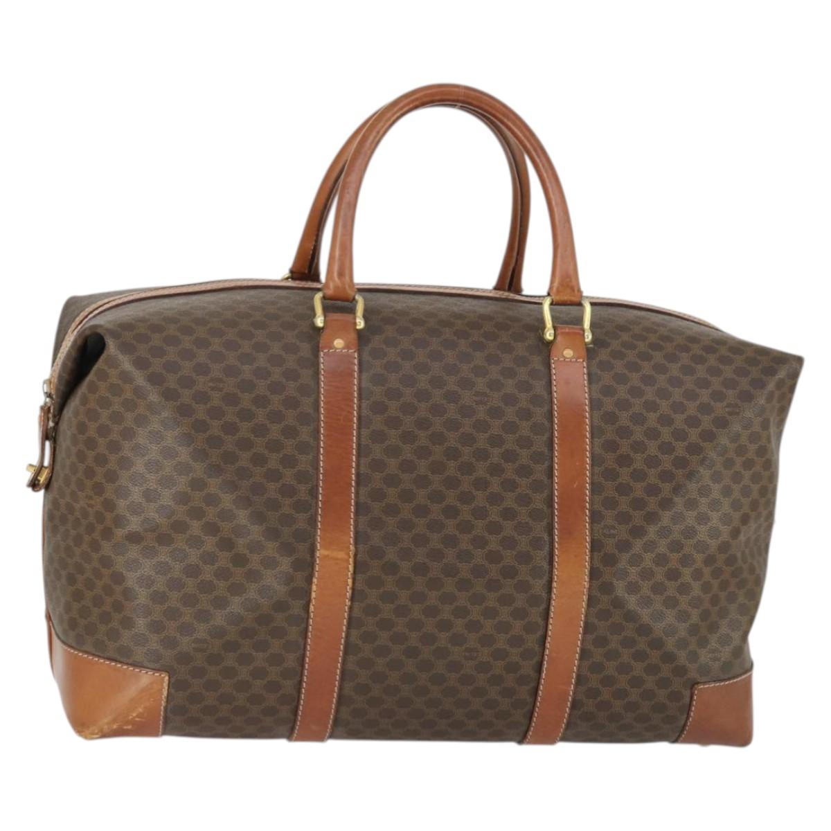 CELINE Macadam Canvas Boston Bag PVC Leather Brown Gold Auth ki6396