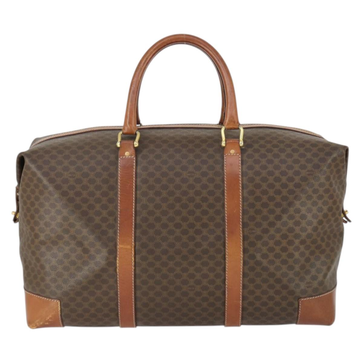 CELINE Macadam Canvas Boston Bag PVC Leather Brown Gold Auth ki6396