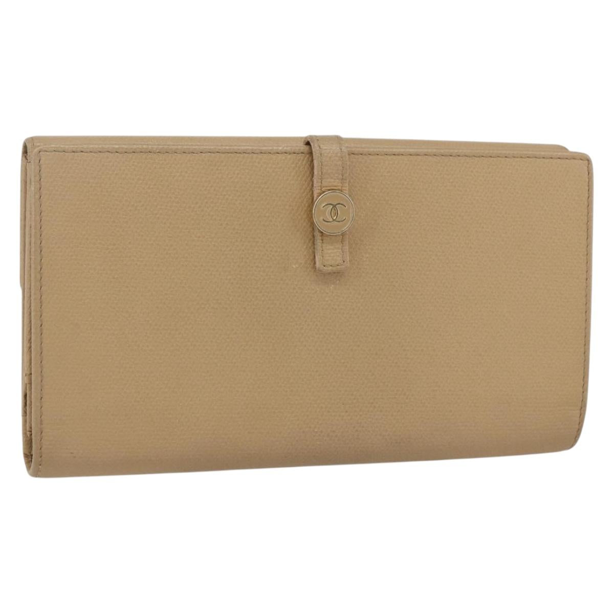 CHANEL COCO Button Long Wallet Leather Beige Gold CC Auth ki6407