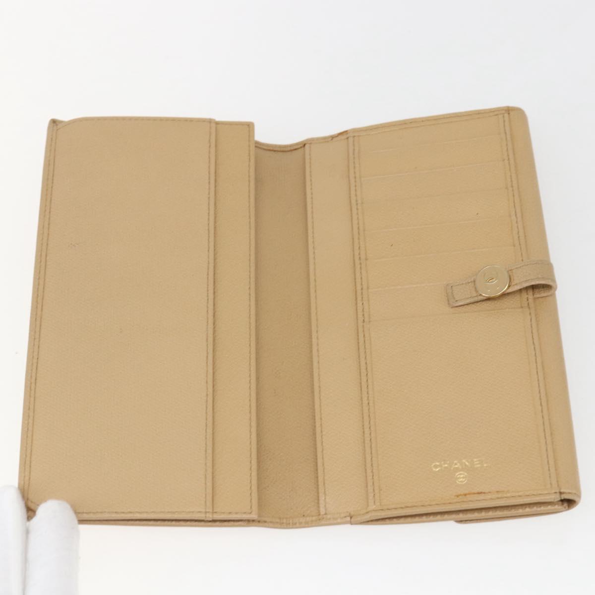 CHANEL COCO Button Long Wallet Leather Beige Gold CC Auth ki6407