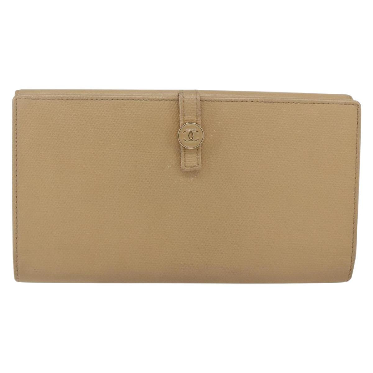 CHANEL COCO Button Long Wallet Leather Beige Gold CC Auth ki6407