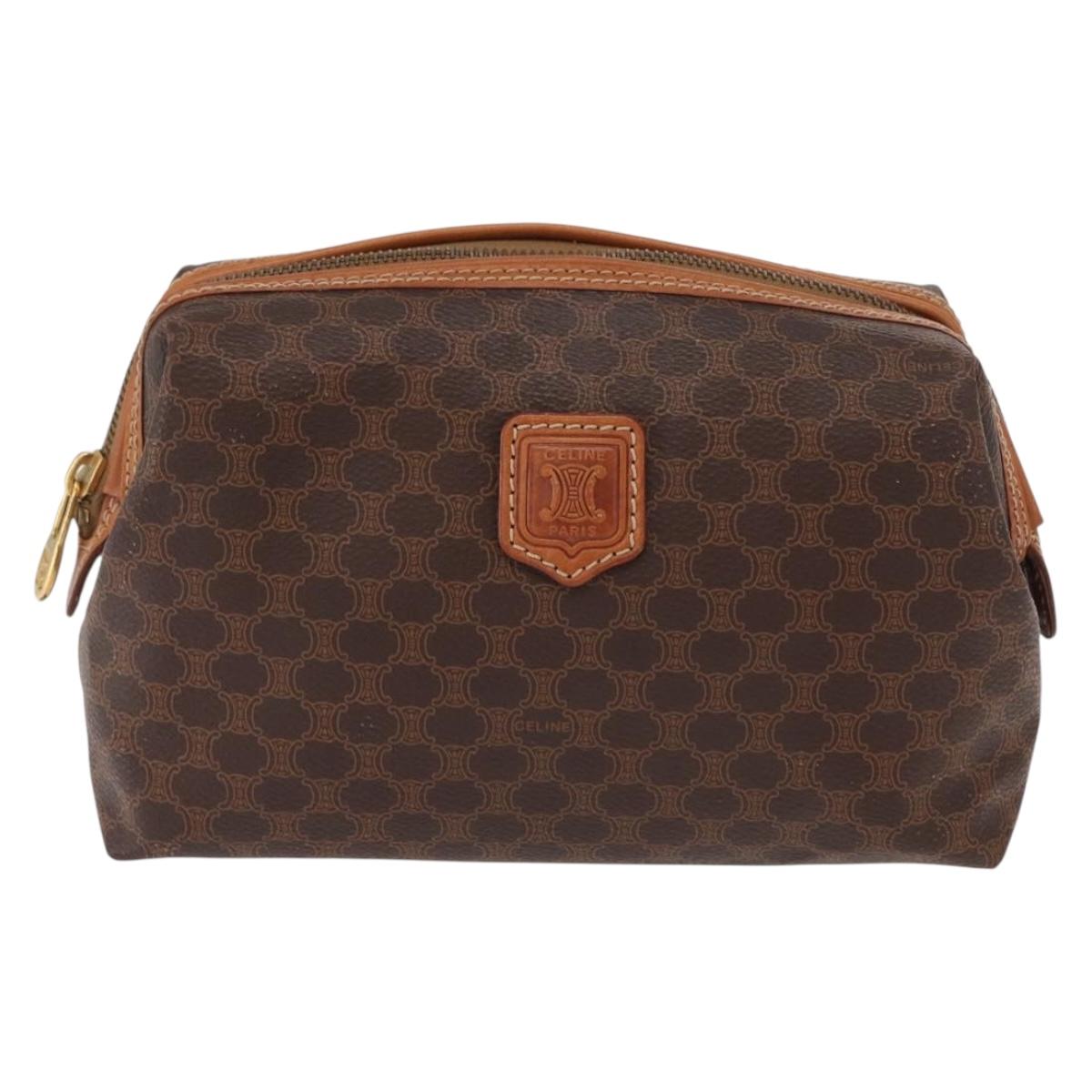 CELINE Macadam Canvas Pouch PVC Leather Brown Gold Auth ki6421