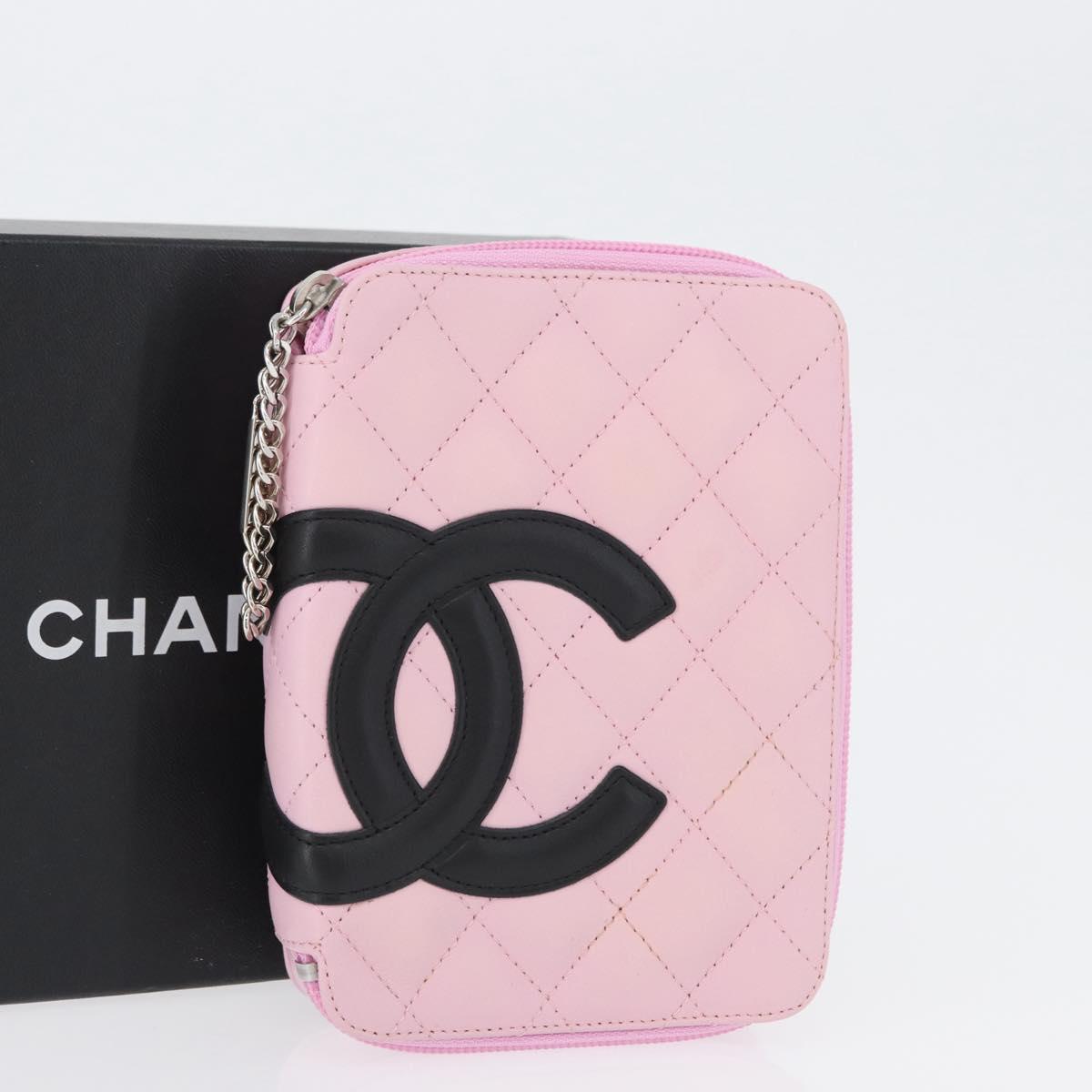 CHANEL Cambon Line Pouch Leather Pink Silver CC Auth ki6427M