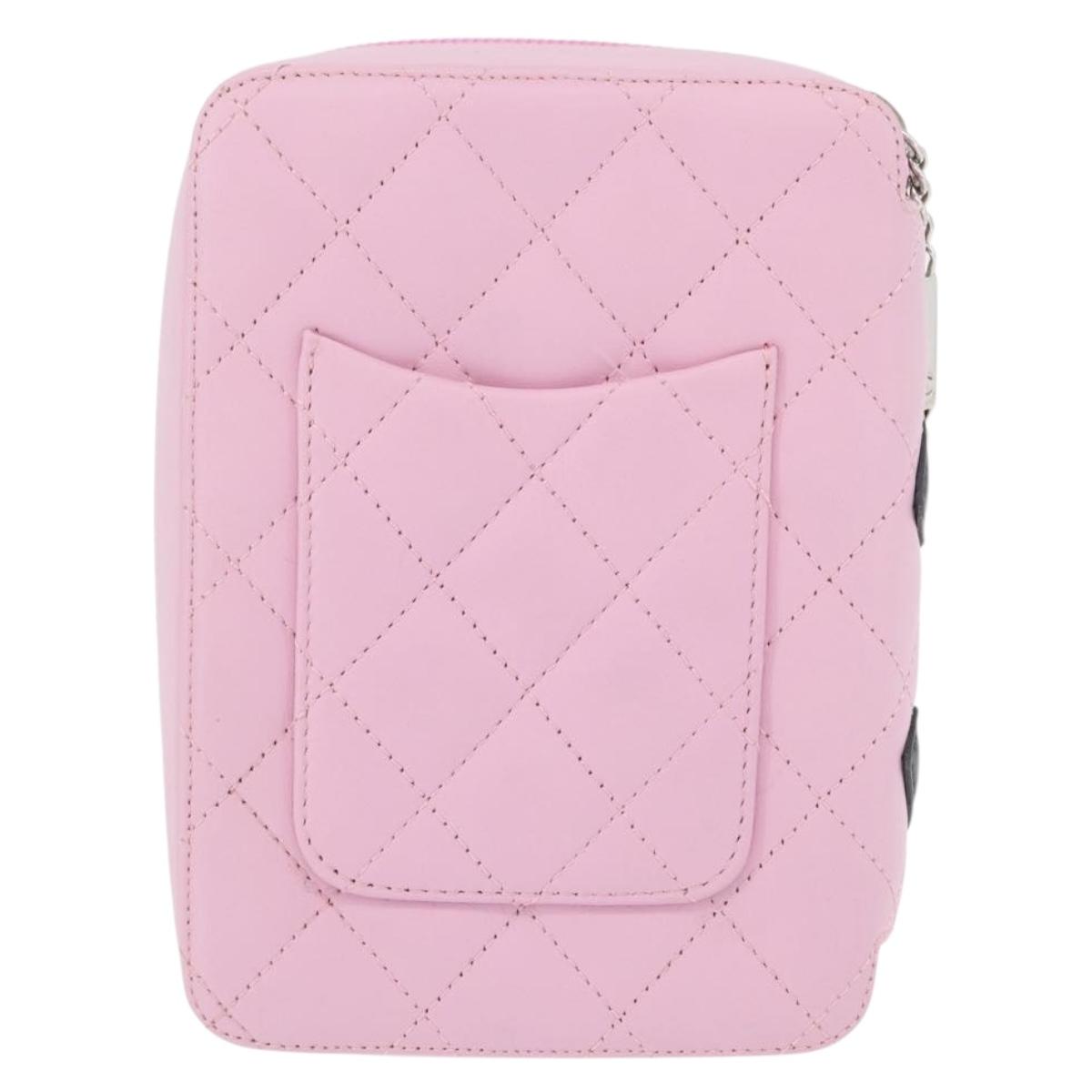 CHANEL Cambon Line Pouch Leather Pink Silver CC Auth ki6427M