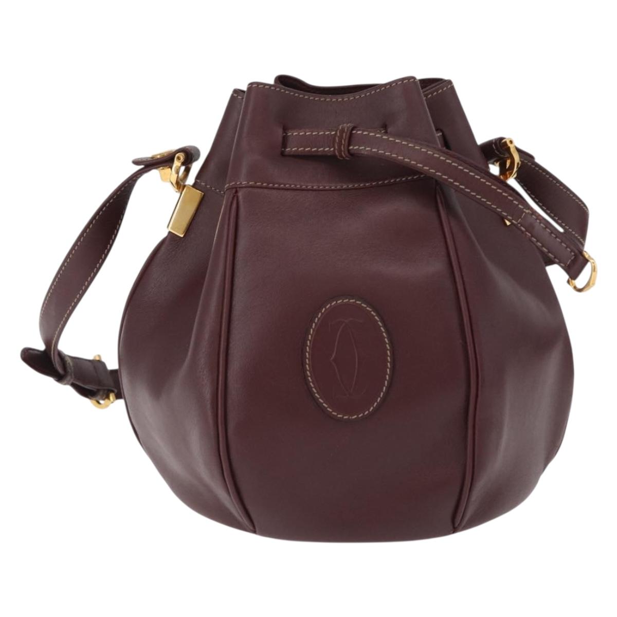 CARTIER Must Line Shoulder Bag Leather Bordeaux Gold Auth ki6436