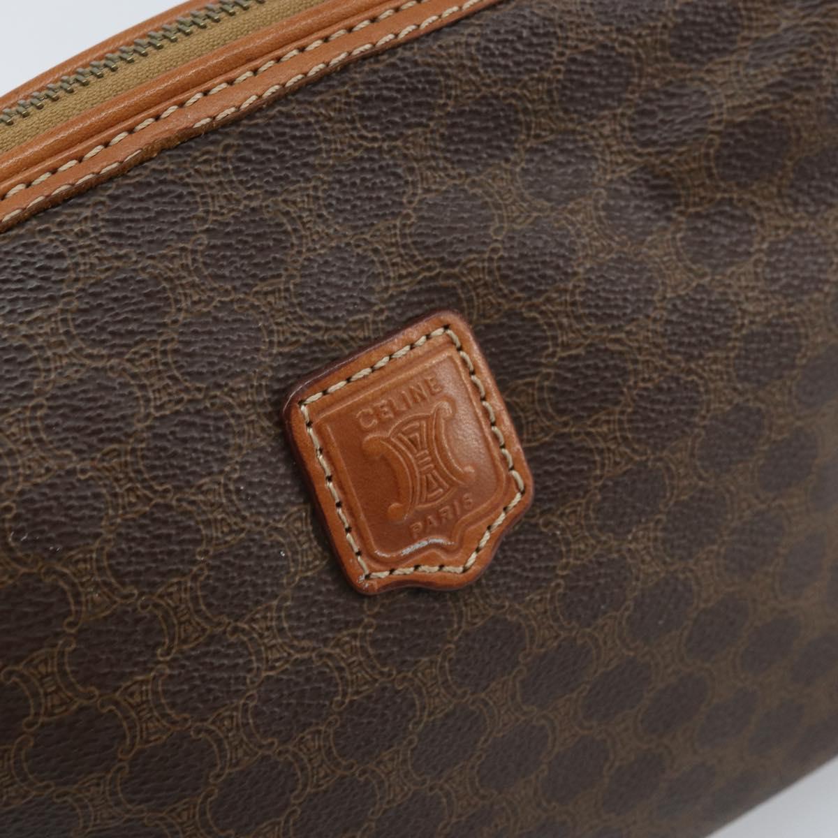 CELINE Macadam Canvas Pouch PVC Leather Brown Gold Auth ki6446