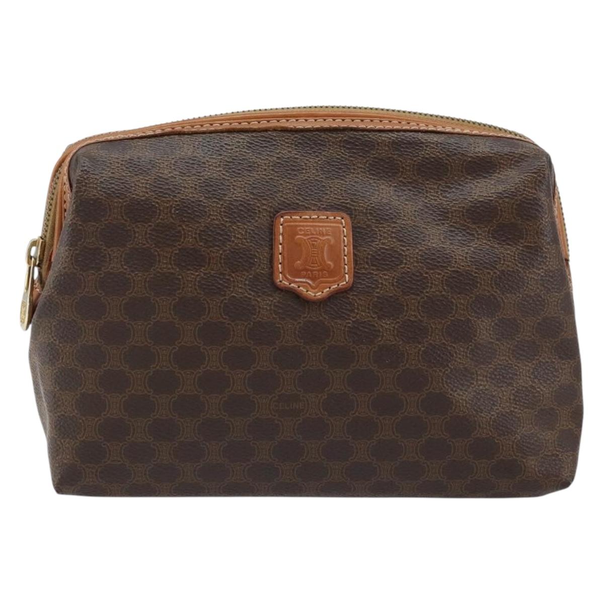 CELINE Macadam Canvas Pouch PVC Leather Brown Gold Auth ki6446