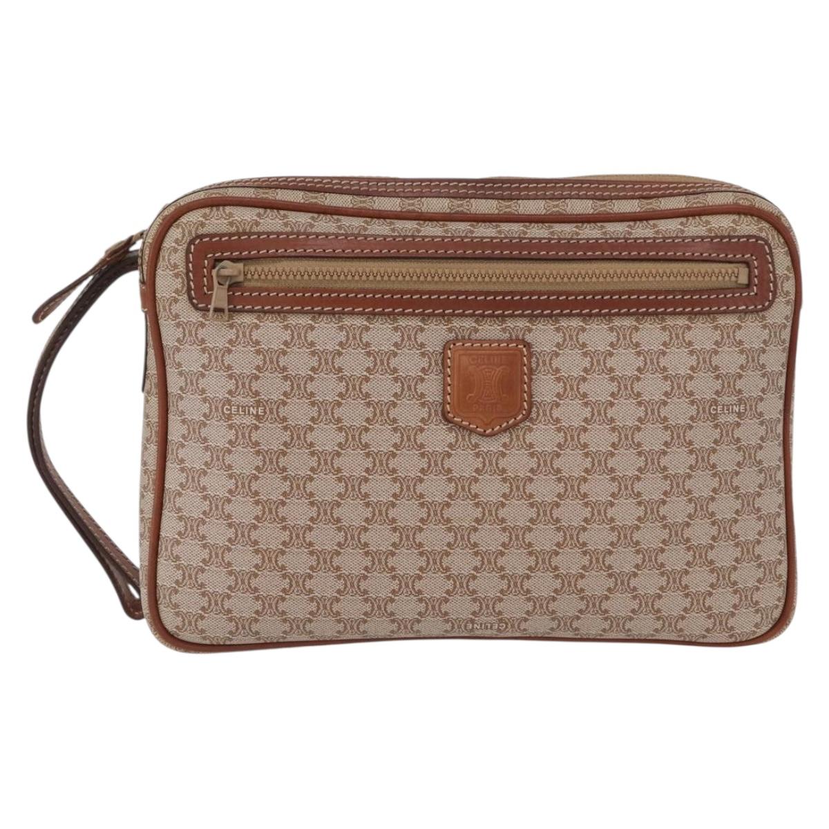 CELINE Macadam Canvas Clutch Bag PVC Leather Beige Gold Auth ki6467