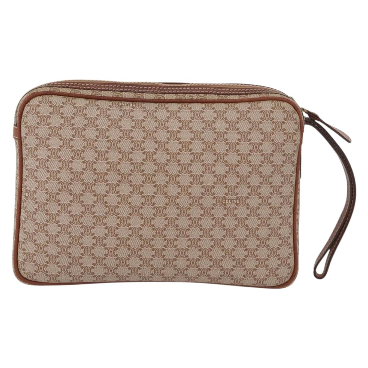 CELINE Macadam Canvas Clutch Bag PVC Leather Beige Gold Auth ki6467