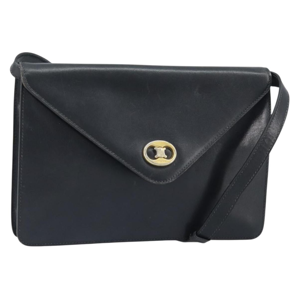 CELINE Shoulder Bag Leather Black Gold Auth ki6485