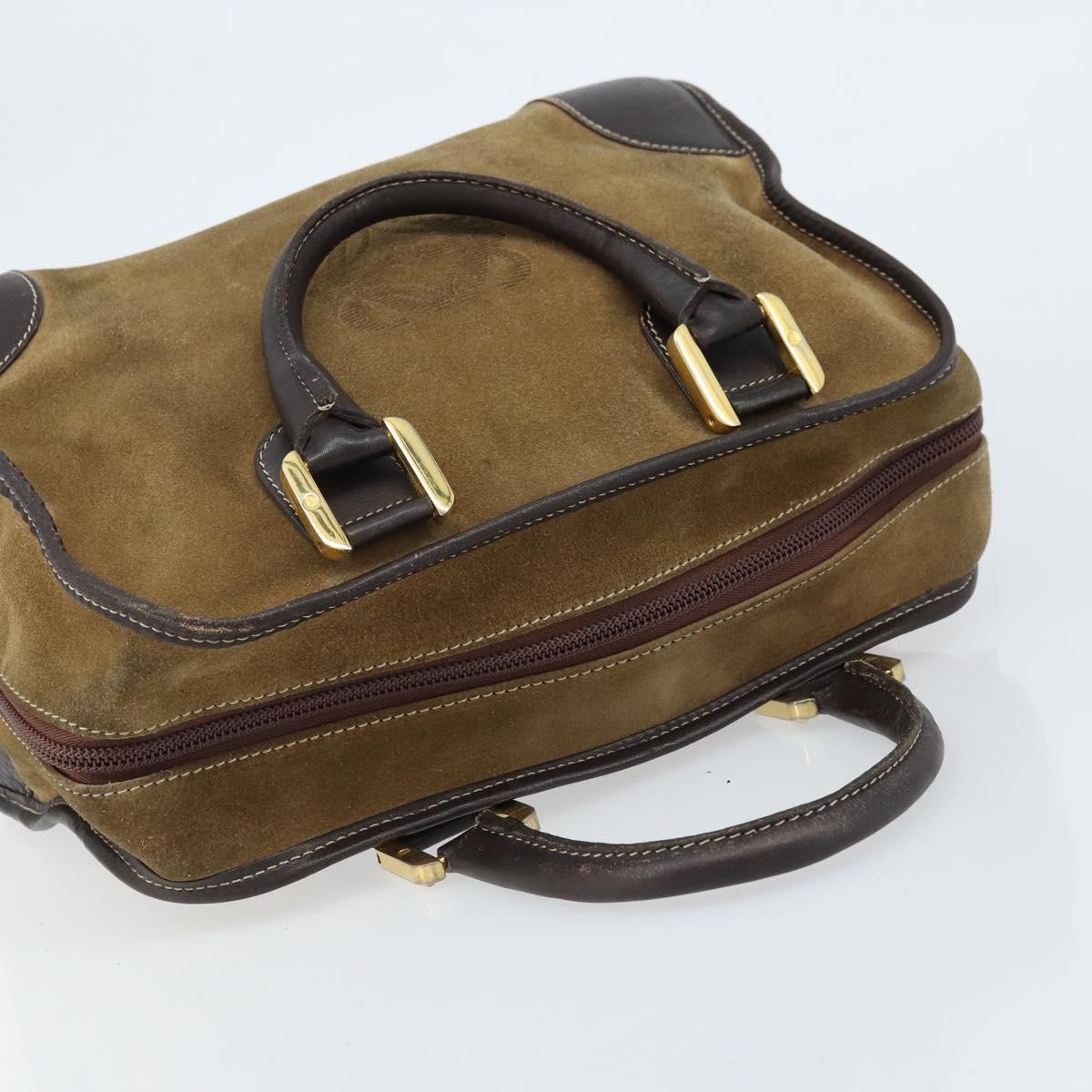 LOEWE Anagram Boston Bag Suede Leather Brown Gold Auth ki6491