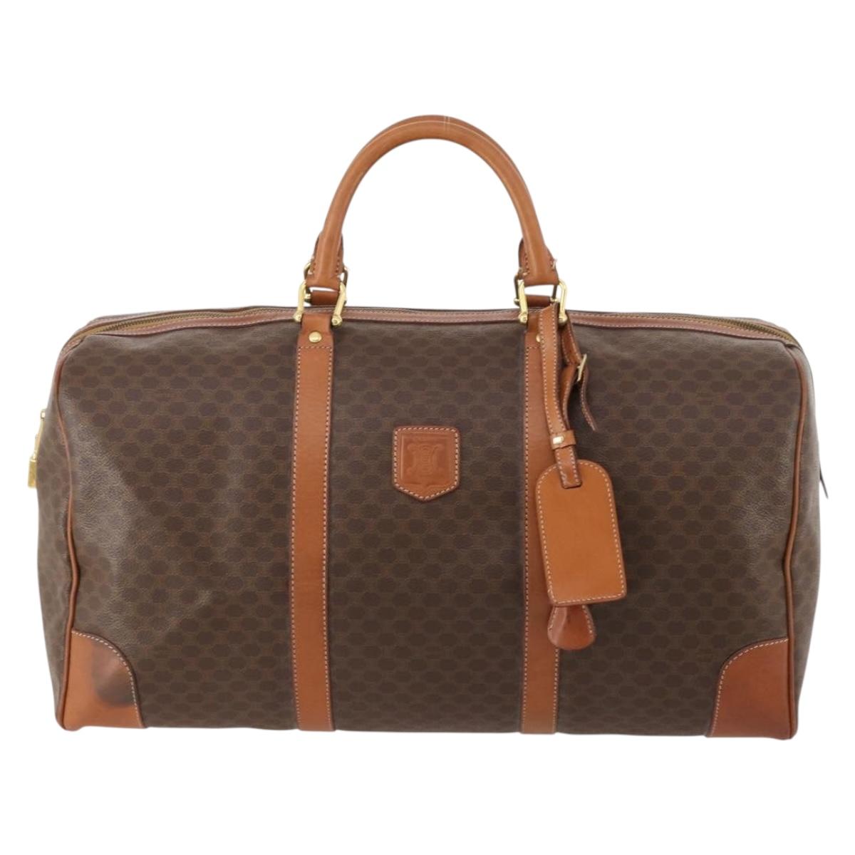 CELINE Macadam Canvas Boston Bag PVC Leather Brown Gold Auth ki6500