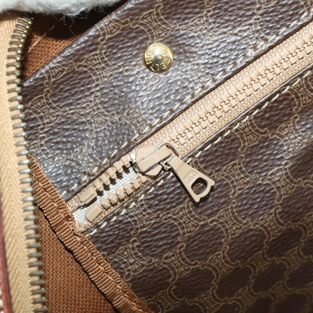 CELINE Macadam Canvas Boston Bag PVC Leather Brown Gold Auth ki6500